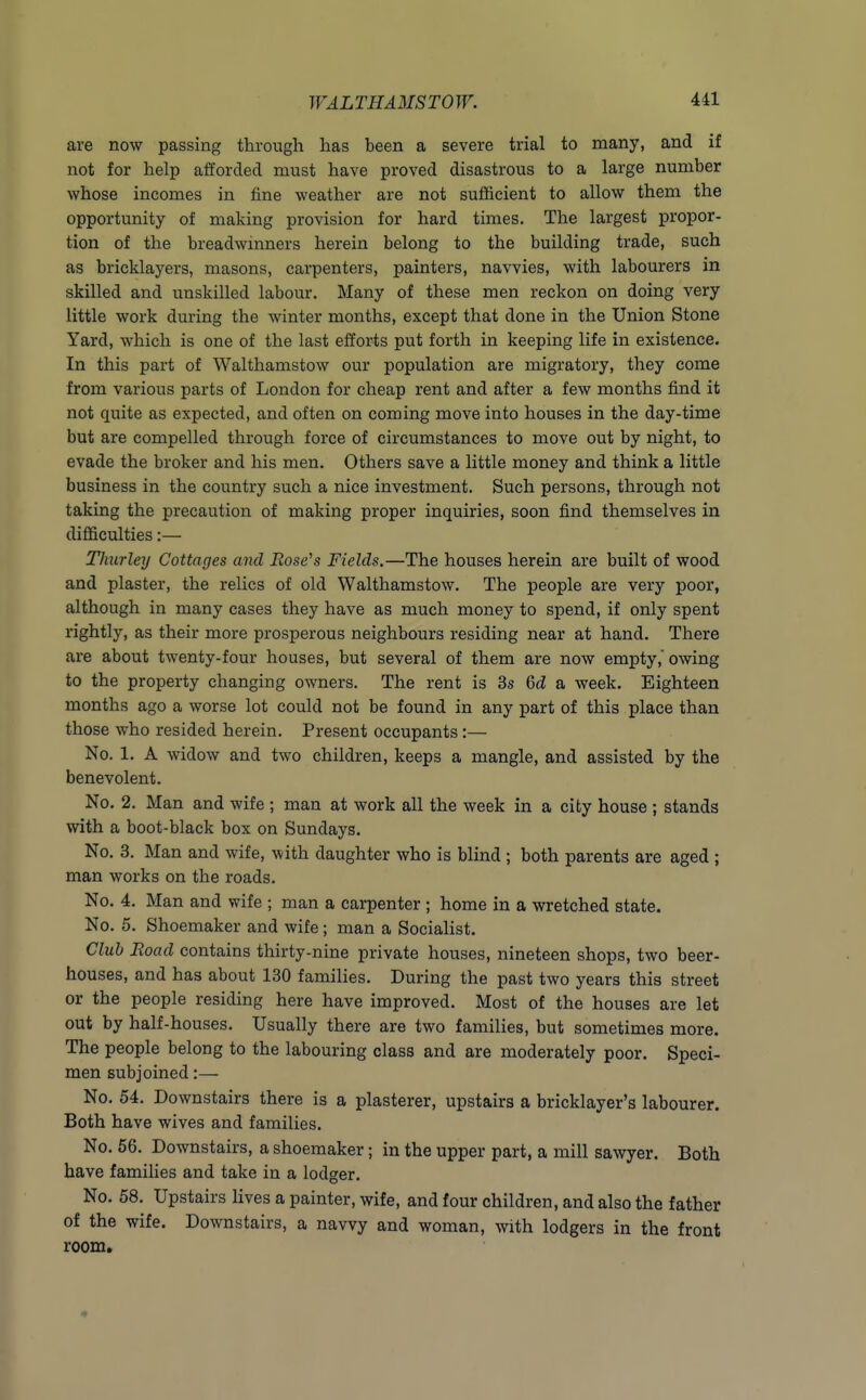 are now passing through has been a severe trial to many, and if not for help afforded must have proved disastrous to a large number whose incomes in fine weather are not sufficient to allow them the opportunity of making provision for hard times. The largest propor- tion of the breadwmners herein belong to the building trade, such as bricklayers, masons, carpenters, painters, navvies, with labourers in skilled and unskilled labour. Many of these men reckon on doing very little work during the winter months, except that done in the Union Stone Yard, which is one of the last efforts put forth in keeping life in existence. In this part of Walthamstow our population are migratory, they come from various parts of London for cheap rent and after a few months find it not quite as expected, and often on coming move into houses in the day-time but are compelled through force of circumstances to move out by night, to evade the broker and his men. Others save a little money and think a little business in the country such a nice investment. Such persons, through not taking the precaution of making proper inquiries, soon find themselves in difficulties:— Tliurlerj Cottages and Rosens Fields.—The houses herein are built of wood and plaster, the relics of old Walthamstow. The people are very poor, although in many cases they have as much money to spend, if only spent rightly, as their more prosperous neighbours residing near at hand. There are about twenty-four houses, but several of them are now empty,' owing to the property changing owners. The rent is 3s Qd a week. Eighteen months ago a worse lot could not be found in any part of this place than those who resided herein. Present occupants:— No. 1. A widow and two children, keeps a mangle, and assisted by the benevolent. No. 2. Man and wife ; man at work all the week in a city house ; stands with a boot-black box on Sundays. No. 3. Man and wife, with daughter who is blind ; both parents are aged ; man works on the roads. No. 4. Man and wife ; man a carpenter ; home in a wretched state. No. 5. Shoemaker and wife; man a Socialist. Club Road contains thirty-nine private houses, nineteen shops, two beer- houses, and has about 130 families. During the past two years this street or the people residing here have improved. Most of the houses are let out by half-houses. Usually there are two families, but sometimes more. The people belong to the labouring class and are moderately poor. Speci- men subjoined:— No. 54. Downstairs there is a plasterer, upstairs a bricklayer's labourer. Both have wives and families. No. 56. Downstairs, a shoemaker; in the upper part, a mill sawyer. Both have families and take in a lodger. No. 58. Upstairs lives a painter, wife, and four children, and also the father of the wife. Downstairs, a navvy and woman, with lodgers in the front room.