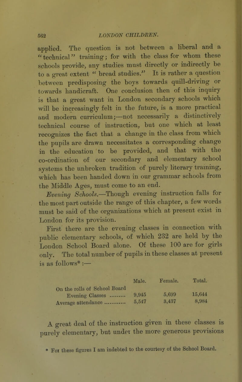 applied. The question is not between a liberal and a  teclinical training; for with the class for whom these schools provide, any studies must directly or indirectly be to a great extent  bread studies. It is rather a question between predisposing the boys towards quill-driving or towards handicraft. One conclusion then of this inquiry is that a great want in London secondary schools which will be increasingly felt in the future, is a more practical and modern curriculum;—not necessarily a distinctively technical course of instruction, but one which at least recognizes the fact that a change in the class from which the pupils are drawn necessitates a corresponding change in the education ' to be provided, and that with the co-ordination of our secondary and elementary school systems the unbroken tradition of purely literary traming, which has been handed down in our grammar schools from the Middle Ages, must come to an end. Evening Schools.—Though evening instruction falls for the most part outside the range of this chapter, a few words must be said of the organizations which at present exist in London for its provision. First there are the evening classes in connection with public elementary schools, of which 232 are held by the London School Board alone. Of these 100 are for girls only. The total number of pupils in these classes at present is as follows* :— Male. Female. Total. On the rolls of School Board Evening Classes 9,945 5,699 15,644 Average attendance 5,547 3,437 8,984 A great deal of the instruction given in these classes is purely elementary, but under the more generous provisions * For these figures I am indebted to the courtesy of the School Board.