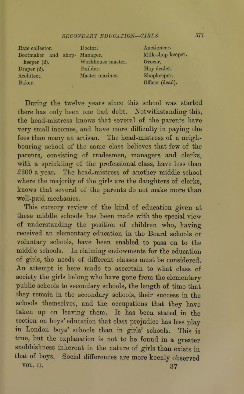 Eate collector. Bootmaker and keeper (2). Draper (2). Architect. Baker. Doctor, shop- Manager. Workhouse master. Builder. Master mariner. Auctioneer. Milk-shop keeper. Grocer, Hay dealer. Shopkeeper. Officer (dead). During the twelve years since this school was started there has only been one bad debt. Notwithstanding this, the head-mistress knows that several of the parents have very small incomes, and have more difficulty in paying the fees than many an artisan. The head-mistress of a neigh- bouring school of the same class believes that few of the parents, consisting of tradesmen, managers and clerks, with a sprinkling of the professional class, have less than £200 a year. The head-mistress of another middle school where the majority of the girls are the daughters of clerks, knows that several of the parents do not make more than well-paid mechanics. This cursory review of the kind of education given at these middle schools has been made with the special view of understanding the position of children who, having received an elementary education in the Board schools or voluntary schools, have been enabled to pass on to the middle schools. In claiming endowments for the education of girls, the needs of different classes must be considered. An attempt is here made to ascertain to what class of society the girls belong who have gone from the elementary public schools to secondary schools, the length of time that they remain in the secondary schools, their success in the schools themselves, and the occupations that they have taken up on leaving them. It has been stated in the section on boys' education that class prejudice has less play in London boys' schools than in girls' schools. This is true, but the explanation is not to be found in a greater snobbishness inherent in the nature of girls than exists in that of boys. Social differences are more keenly observed VOL. II. 37