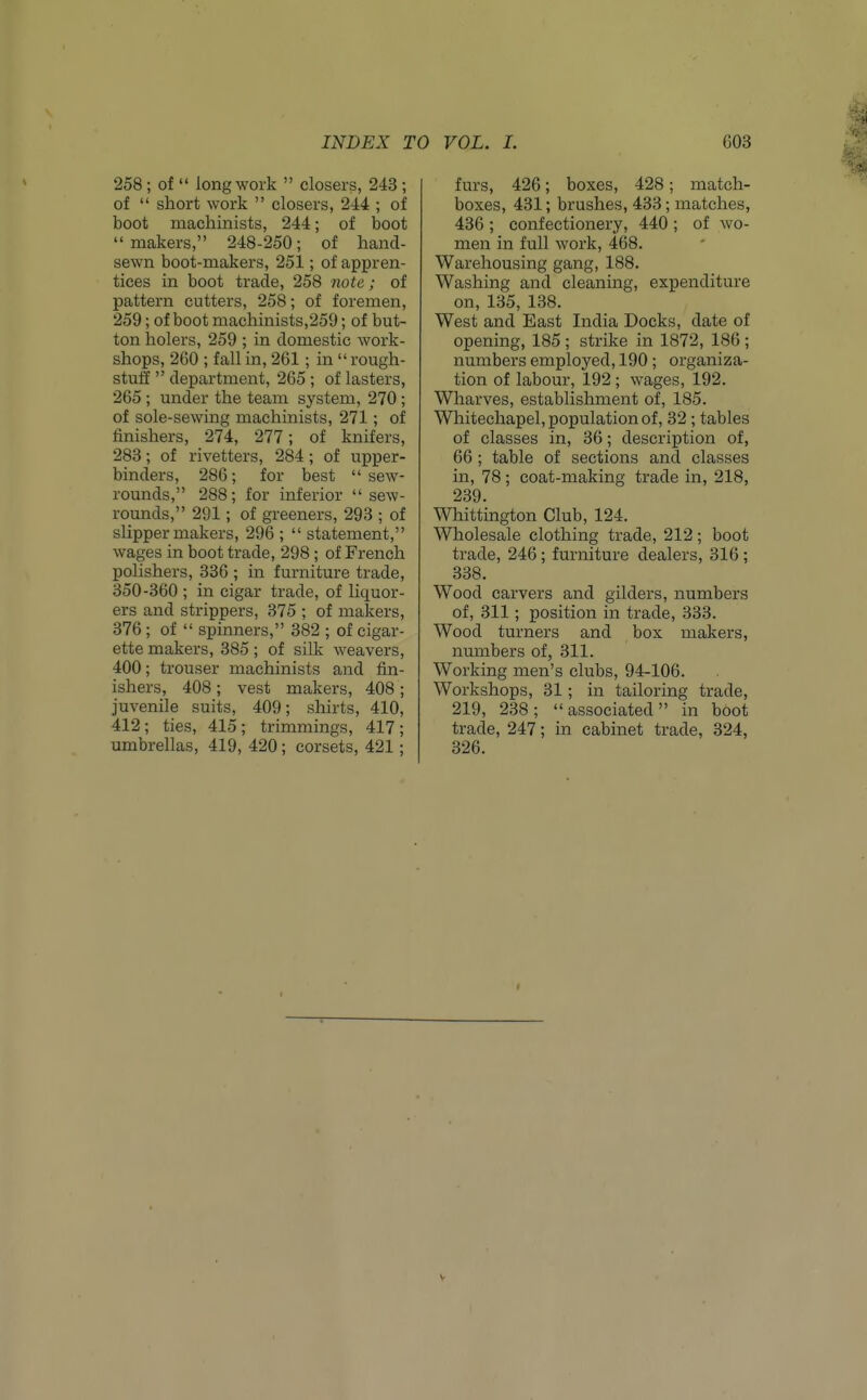 258 ; of  long work  closers, 243 ; of  short work  closers, 244 ; of boot machinists, 244; of boot makers, 248-250; of hand- sewn boot-makers, 251; of appren- tices in boot trade, 258 note; of pattern cutters, 258; of foremen, 259; of boot machinists,259; of but- ton holers, 259 ; in domestic work- shops, 260 ; fall in, 261 ; in  rough- stuff  department, 265 ; of lasters, 265 ; under the team system, 270; of sole-sewing machinists, 271; of finishers, 274, 277; of knifers, 283; of rivetters, 284; of upper- binders, 286; for best  sew- rounds, 288; for inferior  sew- rounds, 291; of greeners, 293 ; of slipper makers, 296 ;  statement, wages in boot trade, 298 ; of French polishers, 336 ; in furniture trade, 350-360 ; in cigar trade, of liquor- ers and strippers, 375 ; of makers, 376 ; of  spinners, 382 ; of cigar- ette makers, 385; of silk weavers, 400; trouser machinists and fin- ishers, 408; vest makers, 408 ; juvenile suits, 409; shirts, 410, 412 ; ties, 415 ; trimmings, 417 ; umbrellas, 419, 420; corsets, 421 ; furs, 426; boxes, 428; match- boxes, 431; brushes, 433; matches, 436 ; confectionery, 440 ; of wo- men in full work, 468. Warehousing gang, 188. Washing and cleaning, expenditure on, 135, 138. West and East India Docks, date of opening, 185 ; strike in 1872, 186 ; numbers employed, 190 ; organiza- tion of labour, 192 ; wages, 192. Wharves, establishment of, 185. Whitechapel, population of, 32 ; tables of classes in, 36; description of, 66 ; table of sections and classes in, 78; coat-making trade in, 218, 239. Whittington Club, 124. Wholesale clothing trade, 212; boot trade, 246 ; furniture dealers, 316 ; 338. Wood carvers and gilders, numbers of, 311; position in trade, 333. Wood turners and box makers, numbers of, 311. Working men's clubs, 94-106. Workshops, 31; in tailoring trade, 219, 238; associated in boot trade, 247; in cabinet trade, 324, 326.
