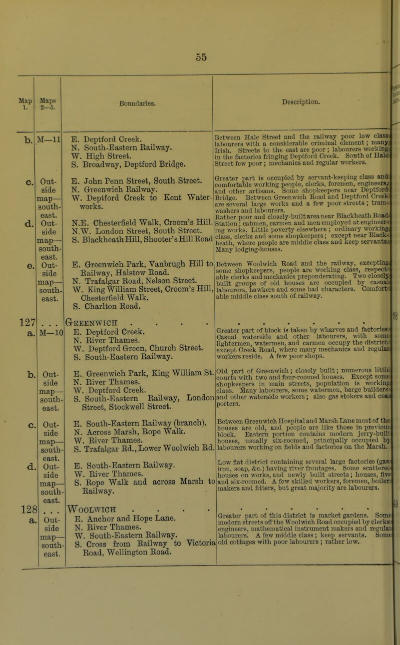 Map 1. b. c. d. e. Maps 2—5. Boundaries. 127 a. M—11 Out- side map— south- east. Out- side map- south- east. Out- side map- south east. M—10 E. Deptford Creek. N. South-E astern Bail way. W. High Street. S. Broadway, Deptford Bridge. E. John Penn Street, South Street. N. Greenwich Bailway. W. Deptford Creek to Kent Water- works. N.E. Chesterfield Walk, Croom's Hill. N.W. London Street, South Street. S. BlackheathHill, Shooter's Hill Boad Description. Out- side map— south- east. Out- side map— south- east. Out- side map— south- east. d. 128 a. E. Greenwich Park, Vanbrugh Hill to Bailway, Halstow Boad. N. Trafalgar Boad, Nelson Street. W. King William Street, Croom's Hill, Chesterfield Walk. S. Charlton Boad. GrREENWICH .... E. Deptford Creek. N. Biver Thames. W. Deptford Green, Church Street. S. South-Eastern Bailway. E. Greenwich Park, King William St. N. Biver Thames. W. Deptford Creek. S. South-Eastern Bailway, London Street, Stockwell Street. E. South-Eastern Bailway (branch). N. Across Marsh, Bope Walk. W. Biver Thames. S. Trafalgar Bd., Lower Woolwich Bd. Between Hale Street and the railway poor low class labourers with a considerable criminal element; many] Irish. Streets to the east are poor ; labourers working* in the factories fringing Deptford Creek. South of Haled1 Street few poor ; mechanics and regular workers. Greater part is occupied by servant-keeping class and comfortable working people, clerks, foremen, engineers/ and other artisans. Some shopkeepers near Deptforch Bridge. Between Greenwich Road and Deptford Creeto are several large works and a few poor streets ; tram, washers and labourers. Rather poor and closely-built area near Blackheath Roaca Station; cabmen, carmen and men employed at engineer* ing works. Little poverty elsewhere ; ordinary working, class, clerks and some shopkeepers; except near Black- heath, where people are middle class and keep servants* Many lodging-houses. Between Woolwich Road and the railway, excepting some shopkeepers, people are working class, respect! able clerks and mechanics preponderating. Two closelj built groups of old houses are occupied by casua.. labourers, hawkers and some bad characters. Comfort- able middle class south of railway. Out- side map— south east. 8 Greater part of block is taken by wharves and factories Casual waterside and other labourers, with some lightermen, watermen, and carmen occupy the district' except Creek Road, where many mechanics and regular workers reside. A few poor shops. Old part of Greenwich; closely built; numerous litfflj courts with two and four-roomed houses. Except som< shopkeepers in main streets, population is working class. Many labourers, some watermen, barge builders ■ and other waterside workers ; also gas stokers and coaj porters. Between Greenwich Hospital and Marsh Lane most of thf houses are old, and people are like those in previous block. Eastern portion contains modern jerry-buih! houses, usually six-roomed, principally occupied b] labourers working on fields and factories on the Marsh. E. South-Eastern Bailway. W. Biver Thames. S. Bope Walk and across Bailway. Low flat district containing several large factories (gas.: iron, soap, &c.) having river frontages. Some scatterec houses on works, and newly built streets; houses, fivn Marsh to and six-roomed. A few skilled workers, foremen, boiler makers and fitters, but great majority are labourers. Woolwich .... E. Anchor and Hope Lane. N. Biver Thames. W. South-Eastern Bailway. S. Cross from Bailway to Victoria Boad, Wellington Boad. Greater part of this district is market gardens. Somt modern streets off the Woolwich Road occupied by clerks engineers, mathematical instrument makers and regula: labourers. A few middle class ; keep servants. Somt old cottages with poor labourers ; rather low.