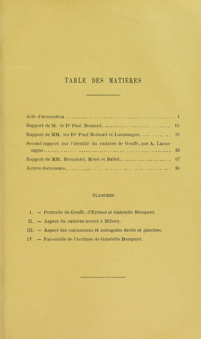 TABLE DES MATTERES Acte d’accusation 1 Rapport deM. le D'Paul Bernard 15 Rapport de MM. les Dfs Paul Bernard et Lacassagne 25 Second rapport sur I'identite du cadavre de G()ulY(^, par A. Lacas- sagne 29 Rapport de MM. Brouardel. Motet et Ballet G7 Autres documents 85 Planches I. — Portraits de Gouffe, d’Eyraud et Gabrielle Bompard. II. — Aspect du cadavre trouvfe a Millery. III. — Aspect des calcaneums et astragales droits et gaudies. IV. — Fac-simile de r&criture de Gabrielle Bompard.