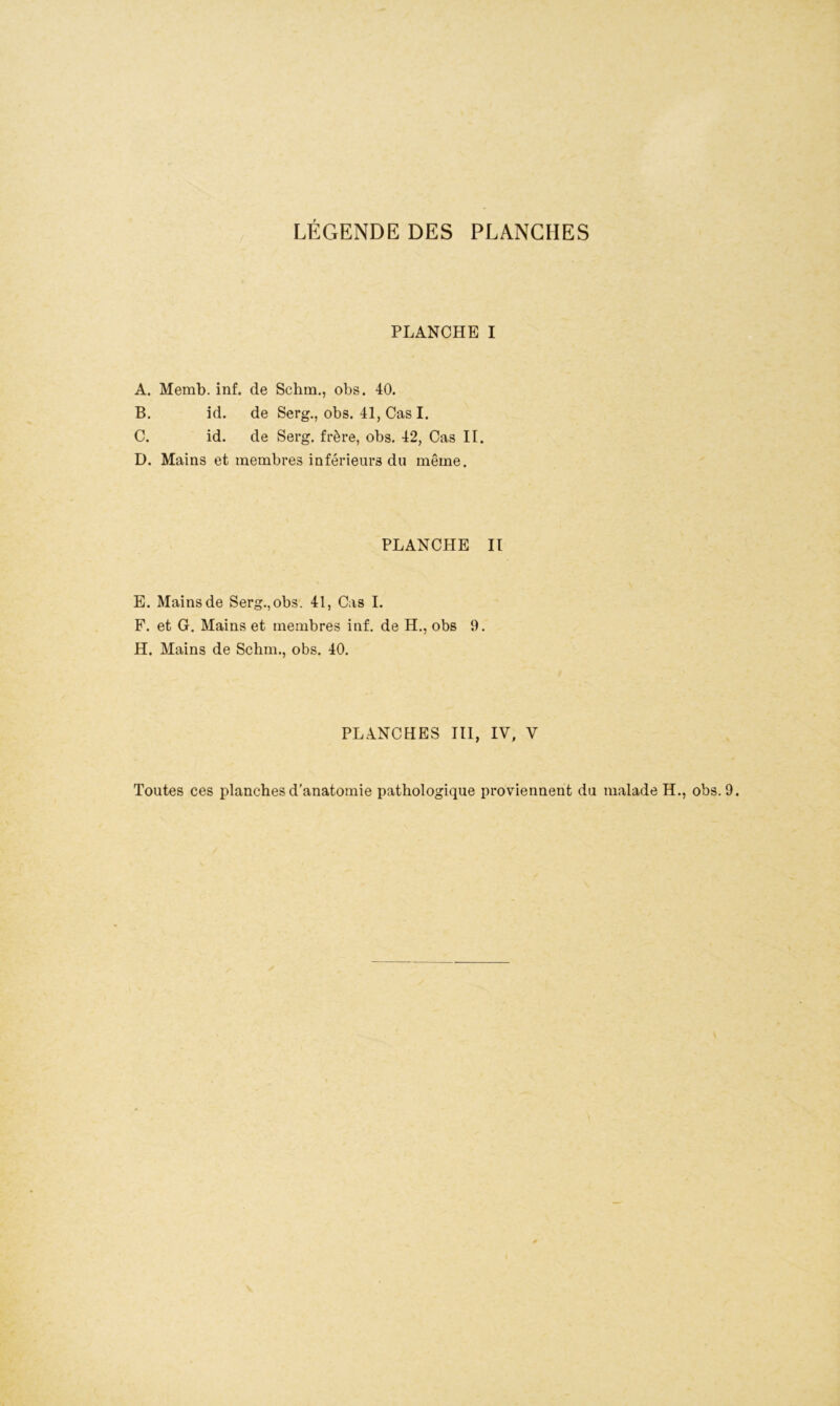 LÉGENDE DES PLANCHES PLANCHE I A. Memb. inf. de Schrn., obs. 40. B. id. de Serg., obs. 41, Cas I. C. id. de Serg. frère, obs. 42, Cas II. D. Mains et membres inférieurs du même. PLANCHE II E. Mains de Serg., obs. 41, Cas I. F. et G. Mains et membres inf. de H., obs 9. H. Mains de Schm., obs. 40. PLANCHES III, IV, V