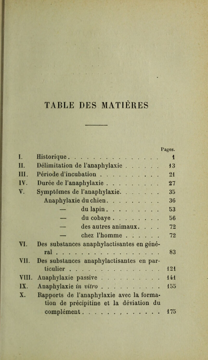 TABLE DES MATIÈRES Pages. I. Historique 1 II. Délimitation de l’anaphylaxie J 3 III. Période d’incubation 21 IV. Durée de l’anaphylaxie 27 V. Symptômes de l’anaphylaxie 35 Anaphylaxie du chien 36 — du lapin 53 — du cobaye 56 — des autres animaux. ... 72 — chez l’homme 72 VI. Des substances anaphylactisantes en géné- ral 83 VII. Des substances anaphylactisantes en par- ticulier 121 VIII. Anaphylaxie passive 141 IX. Anaphylaxie in vitro 155 X. Rapports de l’anaphylaxie avec la forma- tion de précipitine et la déviation du complément 175