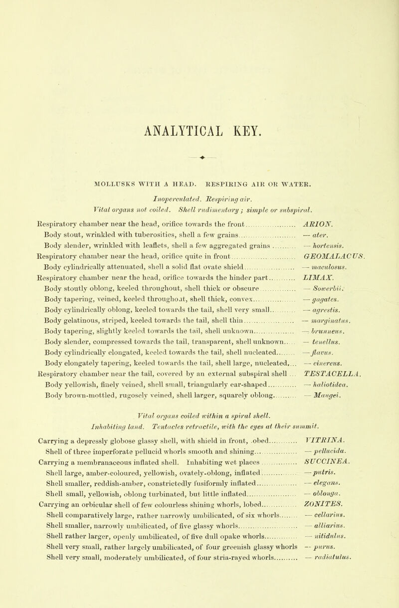 ANALYTICAL KEY. — MOLLUSKS WITH A HEAD. RESPIRING AIR OR WATER. Inojperculated. Respiring air. Vital organs not coiled. Shell r/idimentary ; simple or subspiral. Kespiratory chamber near the head, orifice towards the front ARION. Body stout, wrinkled with tuberosities, shell a few grains — ater. Body slender, wrinkled with leaflets, shell a few aggregated grains — hortensis. Respiratory chamber near the head, orifice quite in front GEOMALACUS. Body eylindrically attenuated, shell a solid flat ovate shield — maculosus. Respiratory chamber near the head, orifice towards the hinder part LIMAX. Body stoutly oblong, keeled throughout, shell thick or obscure — Sowerbii. Body tapering, veined, keeled throughojt, shell thick, convex —gagates. Body eylindrically oblong, keeled towards the tail, shell very small —• agrestis. Body gelatinous, striped, keeled towards the tail, shell thin — marginatus. Body tapering, slightly keeled towards the tail, shell unknown — brunneus. Body slender, compressed towards the tail, transparent, shell unknown — tenellus. Body eylindrically elongated, keeled towards the tail, shell nucleated —Jlavus. Body elongately tapering, keeled towards the tail, shell large, nucleated.... — cii/ereus. Respiratory chamber near the tail, covered by an external subspiral shell ... TESTACELLA. Body yellowish, finely veined, shell small, triangularly ear-shaped — haliotidea. Body brown-mottled, rugosely veined, shell larger, squarely oblong — Mangei. Vital organs coiled irithin a spiral shell. Inhabiting land. Tentacles retractile, with the eyes at their summit. Carrying a depressly globose glassy shell, with shield in front, .obed VITRINA. Shell of three imperforate pellucid whorls smooth and shining — pellucida. Carrying a membranaceous inflated shell. Inhabiting wet places SUCCINEA. Shell large, amber-coloured, yellowish, ovately-oblong, inflated —putris. Shell smaller, reddish-amber, constrictedly fusiformly inflated — elegans. Shell small, yellowish, oblong turbinated, but little inflated — oblonga. Carrying an orbicular shell of few colourless shining whorls, lobed ZONITES. Shell comparatively large, rather narrowly umbilicated, of six whorls — cellarius. Shell smaller, narrowly umbilicated, of five glassy whorls — alliarius. Shell rather larger, openly umbilicated, of five dull opake whorls — nitidulus. Shell very small, rather largely umbilicated, of four greenish glassy whorls — purus. Shell very small, moderately umbilicated, of four stria-rayed whorls — radiatulus.