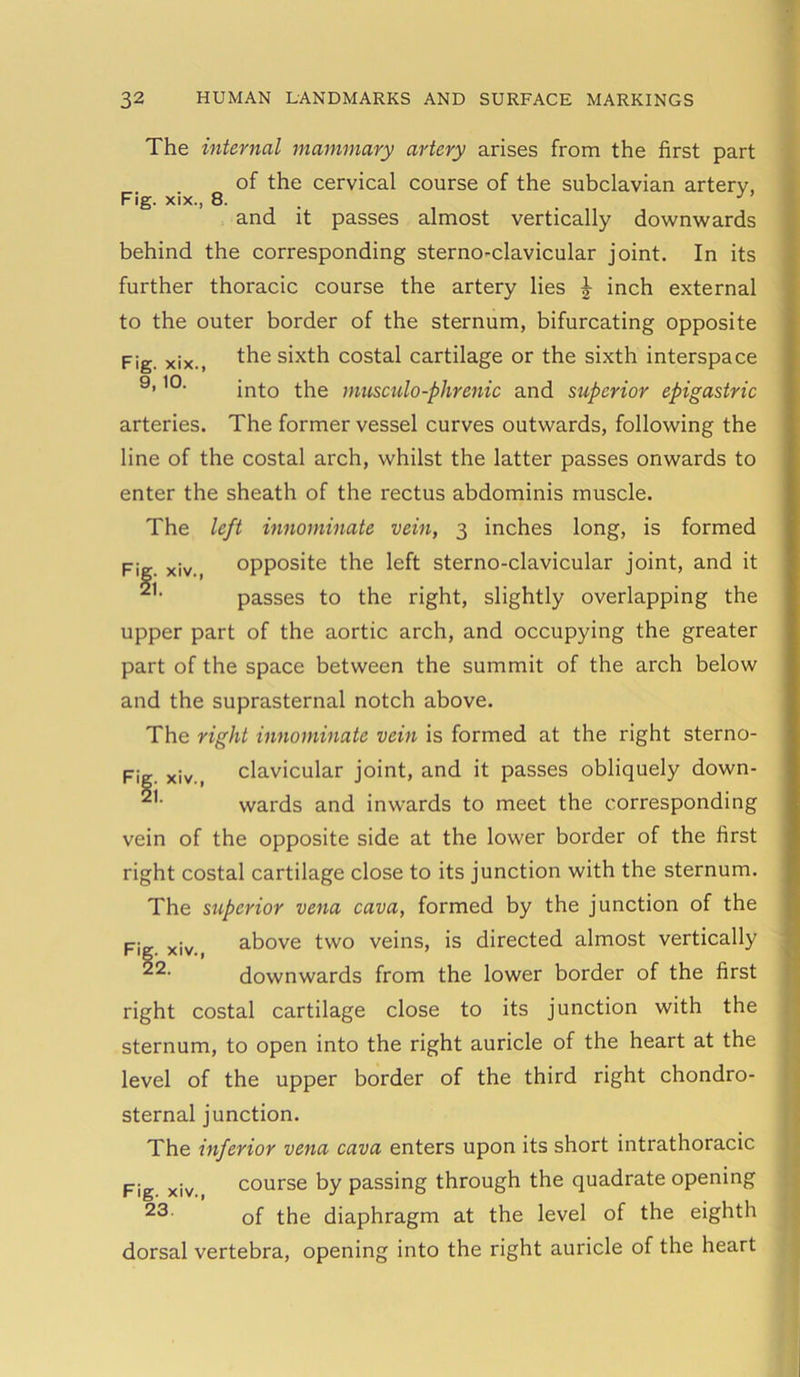 The internal mammary artery arises from the first part of the cervical course of the subclavian arterv. Fig. xix., 8. and it passes almost vertically downwards behind the corresponding sterno-clavicular joint. In its further thoracic course the artery lies £ inch external to the outer border of the sternum, bifurcating opposite Fig. xix., the sixth costal cartilage or the sixth interspace 9> ,0' into the musculo-phrenic and superior epigastric arteries. The former vessel curves outwards, following the line of the costal arch, whilst the latter passes onwards to enter the sheath of the rectus abdominis muscle. The left innominate vein, 3 inches long, is formed Fig. xiv., opposite the left sterno-clavicular joint, and it 21, passes to the right, slightly overlapping the upper part of the aortic arch, and occupying the greater part of the space between the summit of the arch below and the suprasternal notch above. The right innominate vein is formed at the right sterno- Fig. xiv., clavicular joint, and it passes obliquely down- 21, wards and inwards to meet the corresponding vein of the opposite side at the lower border of the first right costal cartilage close to its junction with the sternum. The superior vena cava, formed by the junction of the Fig xiv. above two veins, is directed almost vertically 22, downwards from the lower border of the first right costal cartilage close to its junction with the sternum, to open into the right auricle of the heart at the level of the upper border of the third right chondro- sternal junction. The inferior vena cava enters upon its short intrathoracic Fig xiv course by passing through the quadrate opening 23 of the diaphragm at the level of the eighth dorsal vertebra, opening into the right auricle of the heart