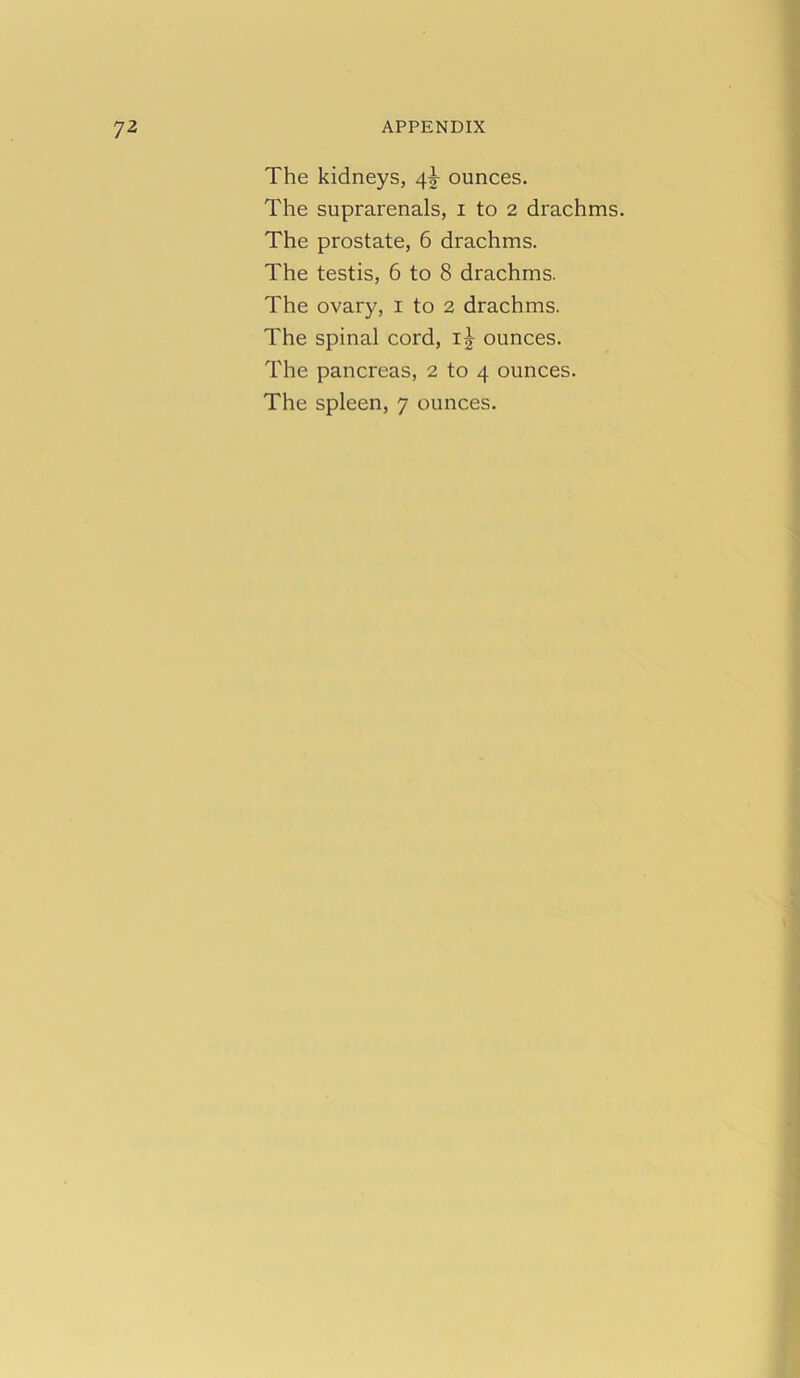 The kidneys, 4^ ounces. The suprarenals, i to 2 drachms. The prostate, 6 drachms. The testis, 6 to 8 drachms. The ovary, 1 to 2 drachms. The spinal cord, ounces. The pancreas, 2 to 4 ounces. The spleen, 7 ounces.