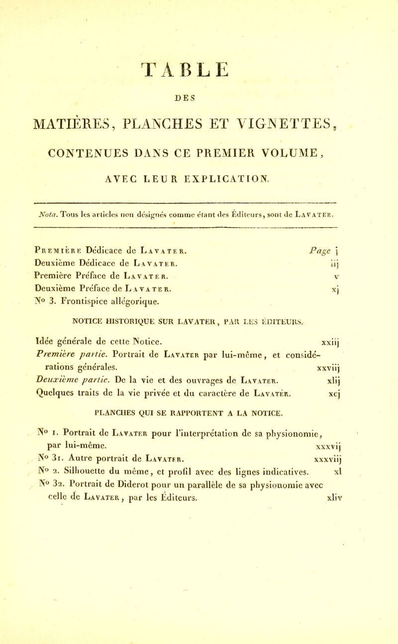 T A B L E DES MATIÈRES, PLANCHES ET VIGNETTES, CONTENUES DANS CE PREMIER VOLUME, AVEC LEUR EXPLICATION. Nota. Tous les articles non désignés comme étant des Éditeurs, sont de Lavater. Première Dédicace de Lavater. Page j Deuxième Dédicace de Lavater. iij Première Préface de Lavater. v Deuxième Préface de L a va te r. xj N° 3. Frontispice allégorique. NOTICE HISTORIQUE SUR LAVATER, PAR LES ÉDITEURS, Idée générale de cette Notice. Première partie. Portrait de Lavater par lui-même, et considé- rations générales. Deuxieme partie. De la vie et des ouvrages de Lavater. Quelques traits de la vie privée et du caractère de Lavater. PLANCHES QUI SE RAPPORTENT A LA NOTICE. N° i. Portrait de Lavater pour l’interprétation de sa physionomie, par lui-même. xxxvij N° 3i. Autre portrait de Lavater. xxxviij N° 2. Silhouette du même, et profil avec des lignes indicatives. xl N° 32. Portrait de Diderot pour un parallèle de sa physionomie avec celle de Lavater , par les Éditeurs. xliv xxviij xlij xcj