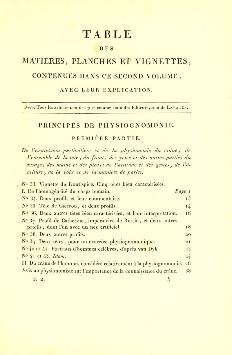 TABLE DES MATIERES, PLANCHES ET VIGNETTES, CONTENUES DANS CE SECOND VOLUME, AVEC LEUR EXPLICATION. Nota. Tous les articles non désignés comme étant des Editeurs, sont de LaVater. PRINCIPES DE PHYSIOGNOMONIE. PREMIÈRE PARTIE. De l'expression particulière et de la physionomie dit crânej de l'ensemble de la tête, du front} des yeux et des autres parties du visage j des mains et des pieds j de l'attitude et des gestes} de l'é- criture } de la voix et de la manière de parler. 33. Vignette du frontispice. Cinq tètes bien caractérisées. I. De l'homogénéité du corps humain. Page i 34. Deux profils et leur commentaire. i3 N° 35. Tête de Cicéron, et deux profils. i4 N° 3G. Deux autres tètes bien caractérisées, et leur interprétation. 16 N° 37. Profil de Catherine, impératrice de Russie, et deux autres profils, dont l'un avec un nez artificiel. 18 N° 38. Deux autres profils. 20 N° 39. Deux têtes, pour un exercice physiognomonique. 21 N° 4o et 4i« Portraits d'hommes célèbres, d'après van Dyk. 23 N° 42 et 43. Idem. it\ II. Du crâne de l'homme, considéré relativement a la physiognomonie. 2G Avis au physionomiste sur l'importance de la connaissance du crâne. 38