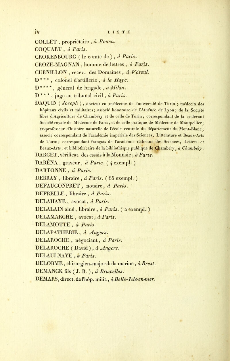 COLLET , propriétaire , à Rouen. COQUART , à Paris. CROKENBOURG ( le comte de ) , à Paris. CROZE-MAGNAIN , homme de lettres , à Paris. CURWILLON , recev. des Domaines , à Vêsoul. D * * * , colonel d'artillerie , à la Haye. D* ** * , général de brigade , à Milan. ■D * * * , juge au tribunal civil, à Paris. DAQU1N ( Joseph ) , docteur en me'decine de l'université' de Turin ; me'decin des hôpitaux civils et militaires; associe' honoraire de l'Athe'ne'e de Lyon; de la Socie'te' libre d'Agriculture de Chambe'ry et de celle de Turin ; correspondant de la ci-devant Socie'te'royale de Me'decine de Paris, et de celle pratique de Me'decine de Montpellier; ex-professeur d'histoire naturelle de l'école centrale du département du Mont-Blanc ; associe' correspondant de l'acade'mie impe'riale des Sciences, Litte'rature et Beaux-Arts de Turin; correspondant français de l'acade'mie italienne des Sciences, Lettres et Beaux-Arts, et bibliothe'caire de la bibliothèque publique de Çhambe'ry ; à Chambe'ry. DARCET, vérifîcat. des essais à laMonnaie, à Paris. DARENA , graveur, à Paris. ( 4 exempl. ) DARTONNE , â Paris. DEBRAY , libraire , à Paris. ( 65 exempl. ) DEFAUCONPRET 3 notaire, à Paris. DEFRELLE , libraire , à Paris. DELAHAYE , avocat, à Paris. DELALAIN aîné , libraire , à Paris. ( 2 exempl. ) DELAMARCHE , avocat, d Paris. DELAMOTTE , à Paris. DELAPATHERIE , à Angers. DELAROCHE , négociant, â Paris. DELAROCHE ( David ), â Angers. DELAULNAYE , à Paris. DELORME, chirurgien-major de la marine , à Brest. DEMANCK fils ( J. B. ), à Bruxelles. DEMARS, direct, del'hôp. milit., àBelle-Isle-en-mer.