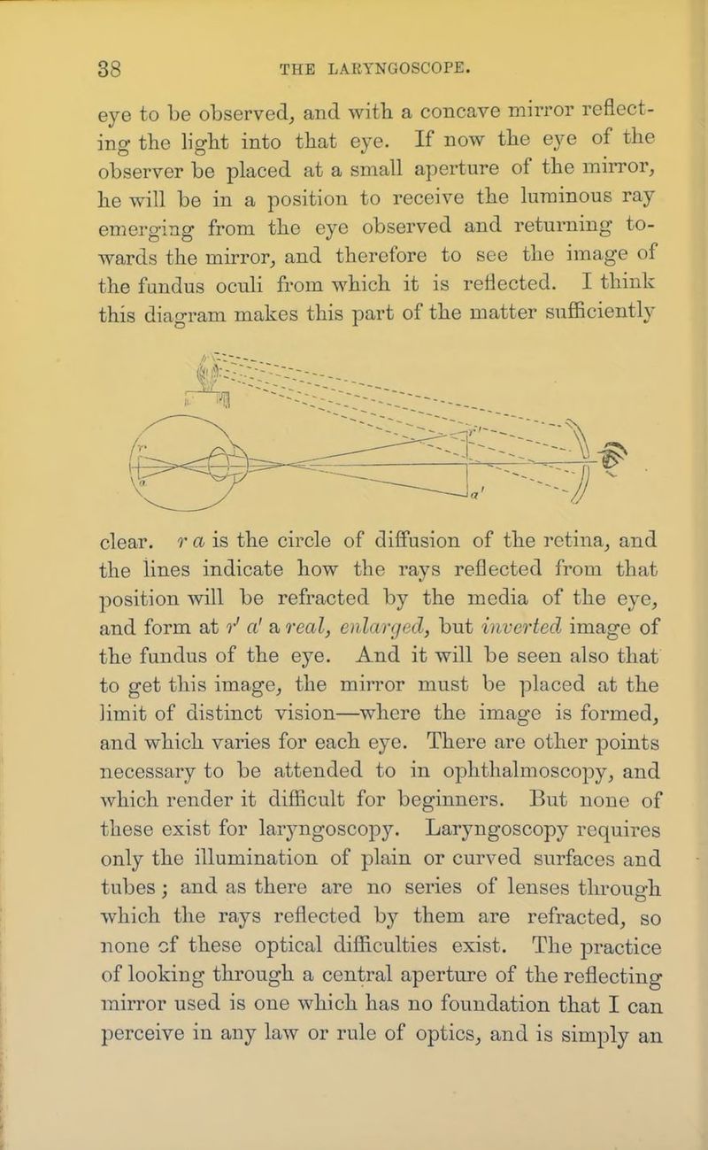 eye to be observed, and with a concave mirror reflect- ing the light into that eye. If now the eye of the observer be placed at a small aperture of the mirror, he will be in a position to receive the luminous ray emerging from the eye observed and returning to- wards the mirror, and therefore to see the image of the fundus oculi from which it is reflected. I think this diagram makes this part of the matter sufficiently clear, r a is the circle of diSusion of the retina, and the lines indicate how the rays reflected from that position will be refracted by the media of the eye, and form at a! a real, enlarged, but inverted image of the fundus of the eye. And it will be seen also that to get this image, the mirror must be placed at the limit of distinct vision—where the image is formed, and which varies for each eye. There are other points necessary to be attended to in ophthalmoscopy, and which render it difficult for beginners. But none of these exist for laryngoscopy. Laryngoscopy requires only the illumination of plain or curved surfaces and tubes; and as there are no series of lenses through which the rays reflected by them are refracted, so none of these optical difficulties exist. The practice of looking through a central aperture of the reflecting mirror used is one which has no foundation that I can perceive in any law or rule of optics, and is simply an