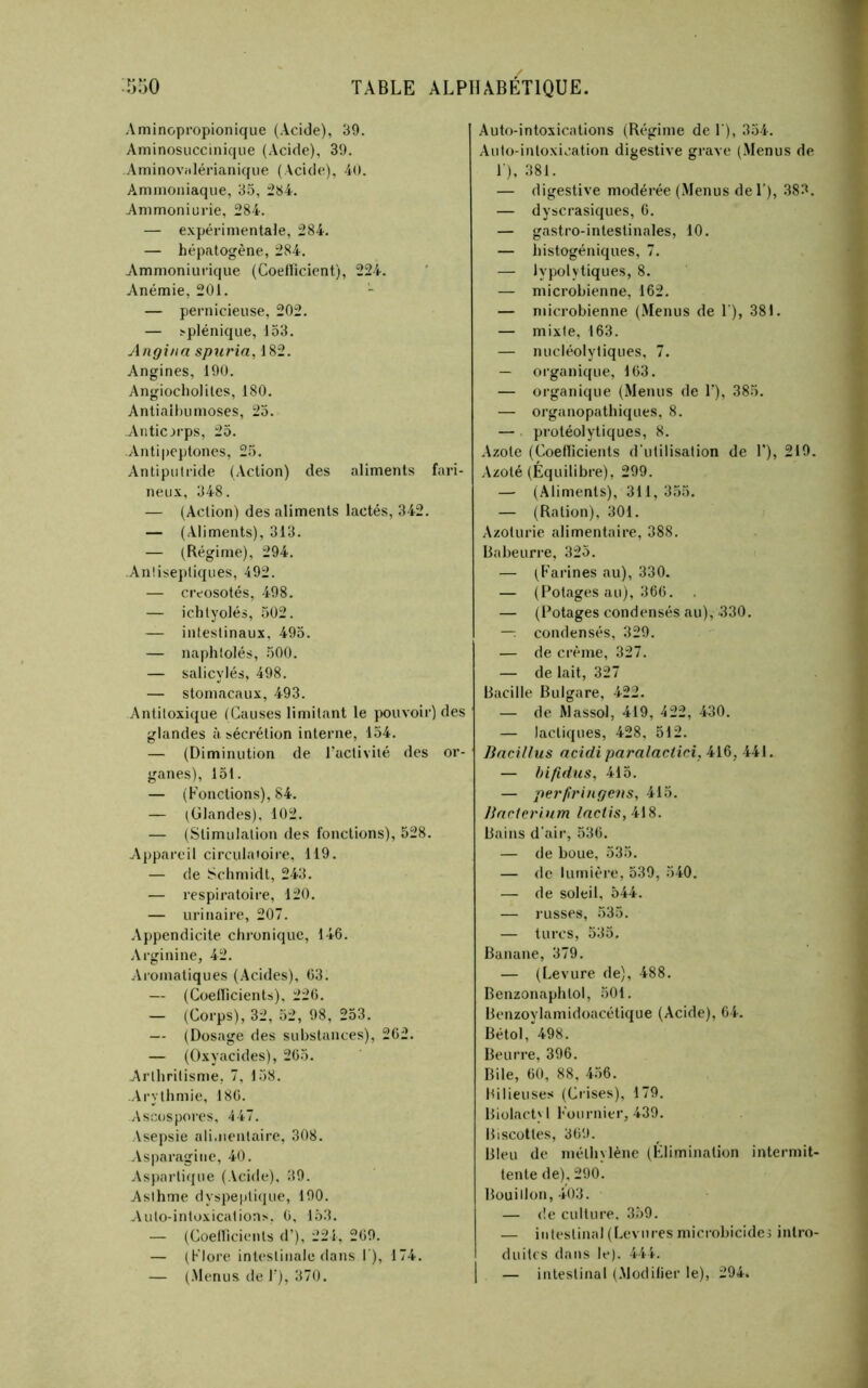 Aminopropionique (Acide), 39. Aminosuccinique (Acide), 39. Aininoviilérianiqiie (Acide), 40. Ammoniaque, 35, 284. Ammoniurie, 284. — e.xpérimentale, 284. — hépatogène, 284. Ammoniurique (Coeliicient), 224. Anémie, 201. - — pernicieuse, 202. — >plénique, 133. Angina spuria, 182. Angines, 190. Angiocholites, 180. Antiaihumoses, 25. Anticorps, 25. Antipeptones, 23. Antiputride (Action) des aliments fari- neux, 348. — (Action) des aliments lactés, 342. — (Aliments), 313. — (Régime), 294. .Antiseptiques, 492. — civosotés, 498. — ichtyolés, 502. — intestinaux, 495. — naphiolés, 500. — salicylés, 498. — stomacaux, 493. Antitoxique (Causes limitant le pouvoir) des glandes à sécrétion interne, 134. — (Diminution de l'activité des or- ganes), 151. — (Fonctions), 84. — (Glandes), 102. — (Stimulation des fonctions), 528. Appareil circulatoire, 119. — de Schmidt, 243. — respiratoire, 120. — urinaire, 207. Appendicite chronique, 146. Arginine, 42. Aromatiques (Acides), 03. — (Coeflicients), 226. — (Corps), 32, 32, 98, 233. — (Dosage des substances), 262. — (Oxyacides), 265. Arthritisme, 7, 158. Arythmie, 186. As.cospores, 447. Asepsie alimentaire, 308. Asparagine, 40. Asjtarlique (Acide), 39. Asthme dyspeptitiue, 190. Auto-intoxications. 0, 153. — (Coellicients d'), 224, 269. — (Flore intestinale dans 1), 174. — (.Menus de F), 370. Auto-intoxications (Régime de F), 334. Anto-intoxication digestive grave (.Menus de F). 381. — digestive modérée (Menus de F), 383. — dyscrasiques, 6. — gastro-intestinales, 10. — histogéniques, 7. — lypolytiques, 8. — microbienne, 162. — microbienne (Menus de F), 381. — mixte, 163. — nucléolytiques, 7. — organique, 163. — organique (Menus de F), 385. — organopathiques, 8. — protéolytiques, 8. ,\zote (Coellicients d’utilisation de F), 219. .\zolé (Équilibre), 299. — (Aliments), 311, 335. — (Ration), 301. Azolurie alimentaire, 388. Babeurre, 325. — (Farines au), 330. — (Potages au), 366. — (Potages condensés au), -330. — condensés, 329. — de crème, 327. — de lait, 327 Bacille Bulgare, 422. — de Massol, 419, 422, 430. — lactiques, 428, 512. Bncilfus ncidi paralactici, 416, 441. — hifidns, 413. — perfiringens, 415. Jinrtei'ium Inctis, i\S. Bains d’air, 536. — de boue, 335. — de lumière, 539, 340. — de soleil, 544. — russes, 335. — turcs, 535. Banane, 379. — (Levure de), 488. Benzonaphtol, 501. Benzoylamidoacétique (Acide), 64. Bétol,'498. Beurre, 396. Bile, 60, 88, 456. Bilieuses (Crises), 179. Biülactyl Fournier, 439. Biscottes, 369. Bleu de méthylène (Élimination intermit- tente de). 290. Bouillon, 403. — de culture. 359. — intestinal (Levures microbicidej intro- duites dans le). 444. — intestinal (.Moditier le), 294.