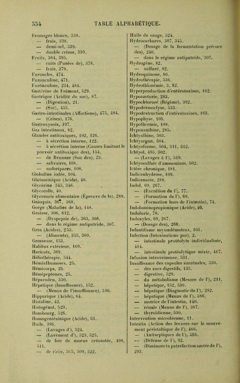 l’romages l)lancs, 338. — irais, 338. — demi-sel, 339. — double crème, 339. Fruits, 364, 393. — cuits (Purées de), 378. — frais, 379. Furoncles, 474. Furonculine, 471. Furonculose, 234, 484. tiastérine de Frémonl, .329. («aslrique (Acidité du suc), 87. — (Digestion), 21. — (Suc), 435. (îastro-intestinales (AiTections), 475, 484. — (Crises), 17G. Gastroxynsis, 197. Gaz intestinaux, 82. Glandes anlitoxiques, 102, 120. — à sécrétion interne, 122. — à sécrétion interne (Causes limitant le pouvoir antitoxique des), 154. — de Brunner (Suc des), 23. — salivaires, 108. — sudoripares, 108. Glol)uline iodée, 104. Glulaminique (Acide), 40. Glycérine 343, 340. Glycücolle, 40. Glycosurie alimentaire (Épreuve de la), 289. Gnioquis, 30^, 308. Gorge (Maladies de la), 148. Graisse, 300, 612. — (Dyspepsie de), 363, 306. — dans le régime antiputride, 307. Gras (Acides), 253. — (Aliments), 333, 300. Grossesse, 153. Habitus extérieur, 109. Haricots, 369. Héliolbérapie, 344. Hémialbumoses, 25. Hémicorps, 25. Hémipeptones, 23. Héparaden, 530. Hépatique (Insutlisance). 152. — (Menus de rinsuflisance), 380. Hippurique (Acide), 04. Histidine, 42. Hislogénol, 529. Hombourg, 526. Homogentésinique (Acide), 63. Huile, 396. — (Lavages d ), 524. — (Lavement d'), 523, 323. — de foie de morue créosotée, 498, 31 1. — de ricin, 3C3, 509, 522. Huile de sauge, 524. Hydrocarbures, 307, 343. — (Dosage de la fermentation précoce des), 240. — dans le régime antiputride, 307. Hydrogène, 82. — sulfuré, 82. Hydroquinone, 80. Hydrothérapie, 530. Hydrothionémie, 3, 82. Hypei-production d'entérotoxines, 102. Hypoazolurie, 283. HypotJiloruré (Régime), 392. Hy|K»dermoclyse, 533. Hypodestruction d'entérotoxines, 163. Hypophyse, 105. Hypothermie, 188. Hypoxanthine, 285. Ichtyallâne, 503. Ichtyargan, 504. Ichtyoforme, 504, 311, 312. Ichtyol, 495, 302. — (Lavages à 1'), 319. Ichlyosulfate d'ammonium, 302. Ictère chronique, 181. Indicanhydrose, 109. Indicanurie, 288. Indol, 09, 267. — (Fxcrétion de 1'), 77. — (Formation de F), 69. — (Formation hors de l'intestin), 74. Indolaminopropionique (Acide), 40. Indolurie, 78. Indoxyles, 69, 207. — (Dosage des), 268. Infantilisme myxœdémateux, 105. Infection (Intoxinations par), 2. — intestinale protéolvte individualisée, 414. — intestinale protéolytique mixte, 417. Infusion intraveineuse, .531. Insutlisance des capsules surrénales, 530. — des sucs digestifs, 133. — digestive, 529. — du métalx)lisme (Mesure de F), 211. — hépatique, 152, 330. — hépatique (Diagnostic de F), 282. — hépatique (Menus de F), 386. — motrice de Finteslin, 140. — rénale (Menus de F), 387. — thyro'i'dienne, 530. Intervention microbienne, 11. Intestin (Action des levures sur le mouve- ment péristaltique de F), 400. — (Antiseptiques de F), 493. — (Défense de F), 92. — (Diminuer la putréfaction azotée de F), 293.