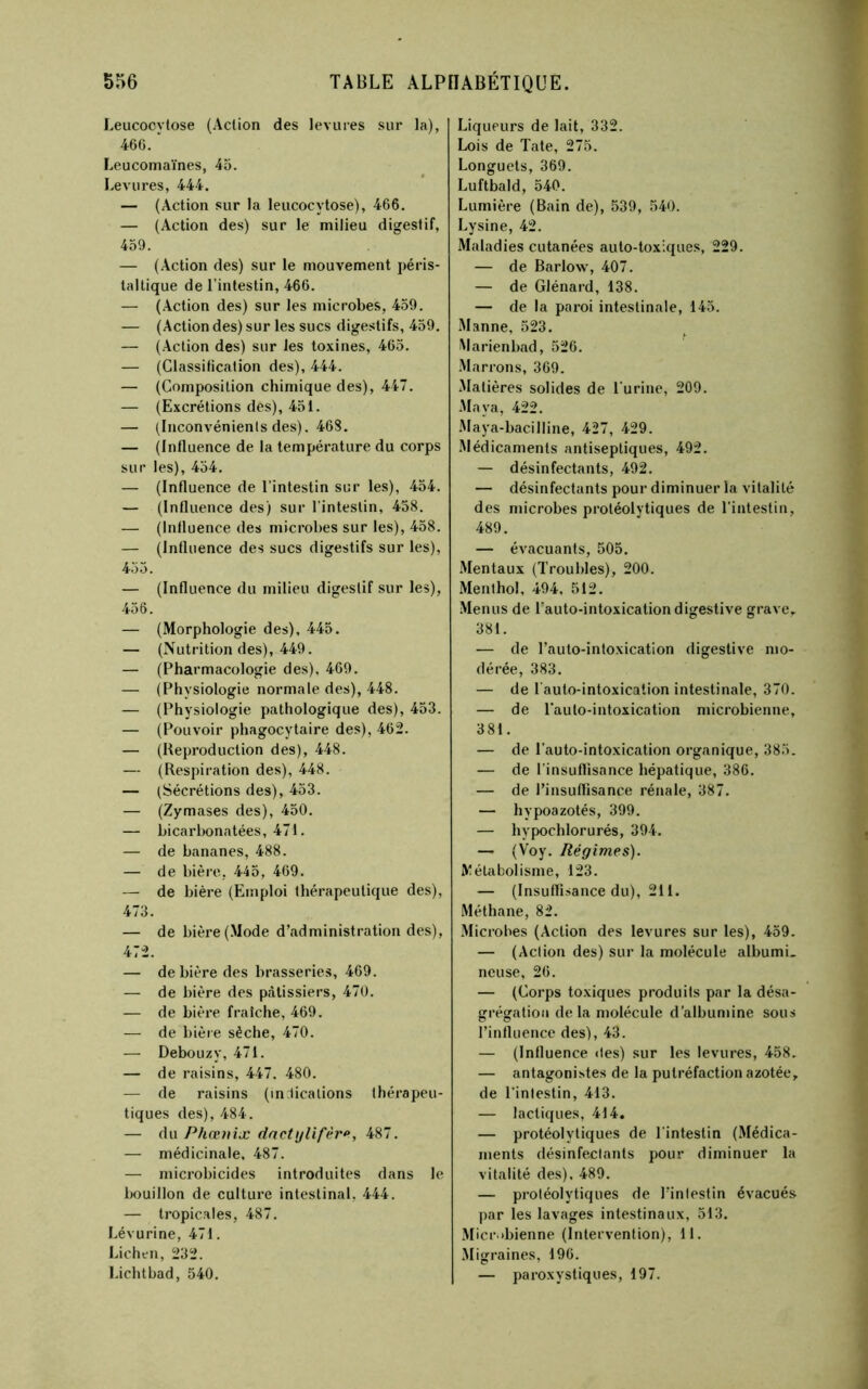 Leucocvlose (Action des levures sur la), 46G. ‘ Leucomaïnes, 45. Levures, 444. — (Action sur la leucocytose), 466. — (Action des) sur le milieu digestif, 459. — (Action des) sur le mouvement péris- taltique de l’intestin, 466. — (Action des) sur les microbes, 459. — (Action des) sur les sucs digestifs, 459. — (Action des) sur les toxines, 465. — (Classification des), 444. — (Composition chimique des), 447. — (Excrétions des), 451. — (Inconvénients des). 468. — (Influence de la température du corps sur les), 454. — (Influence de l'intestin sur les), 454. — (Influence des) sur l'intestin, 458. — (Influence des microbes sur les), 458. — (Influence des sucs digestifs sur les), 455. — (Influence du milieu digestif sur les), 456. — (Morphologie des), 445. — (Nutrition des), 449. — (Pharmacologie des), 469. — (Physiologie normale des), 448. — (Physiologie pathologique des), 453. — (Pouvoir phagocytaire des), 462. — (Reproduction des), 448. — (Respiration des), 448. — (Sécrétions des), 453. — (Zymases des), 450. — bicarbonatées, 471. — de bananes, 488. — de bière, 445, 469. — de bière (Emploi thérapeutique des), 473. — de bière (.Mode d’administration des), 472. — de bière des brasseries, 469. — de bière des pcilissiers, 470. — de bière fraîche, 469. — de bière sèche, 470. — Debouzy, 471. — de raisins, 447. 480. — de raisins (inlicalions thérapeu- tiques des), 484. — du Phœvix dnctïjlifèro, 487. — médicinale. 487. — microbicides introduites dans le bouillon de culture intestinal, 444. — tropicales, 487. Lévurine, 471. Lichen, 232. l.ichtbad, 540. Liqueurs de lait, 332. Lois de Tate, 275. Longuets, 369. Luftbald, 540. Lumière (Bain de), 539, 540. Lysine, 42. Maladies cutanées auto-toxiques, 229. — de Barlow, 407. — de Glénard, 138. — de la paroi intestinale, 145. .Manne, 523. Marienbad, 526. Marrons, 369. Matières solides de l'urine, 209. .Maya, 422. .Maya-bacilline, 427, 429. .Médicaments antiseptiques, 492. — désinfectants, 492. — désinfectants pour diminuer la vitalité des microbes protéolytiques de l'intestin, 489. — évacuants, 505. .Mentaux (Troubles), 200. Menthol, 494, 512. Menus de l’auto-intoxication digestive grave, 381. — de Tauto-intoxication digestive mo- dérée, 383. — de t'auto-intoxication intestinale, 370. — de Pauto-intoxication microbienne, 381. — de l'auto-intoxication organique, 385. — de l'insuflisance hépatique, 386. — de l’insuflisance rénale, 387. — hypoazotés, 399. — hypochlorurés, 394. — (Voy. Régimes). IVîétabolisme, 123. — (Insuffisance du), 211. Méthane, 82. .Microbes (Action des levures sur les), 459. — (Action des) sur la molécule albumi. lieuse, 26. — (Corps toxiques produits par la désa- grégation de la molécule d’albumine sous l’influence des), 43. — (Influence des) sur les levures, 458. — antagonistes de la putréfaction azotée, de l'intestin, 413. — lactiques, 414, — protéolytiques de l'intestin (Médica- ments désinfectants pour diminuer la vitalité des). 489. — protéolytiques de l’intestin évacués par les lavages intestinaux, 513. Micr.ibienne (Intervention), 11. .Migraines, 196. — paroxystiques, 197.