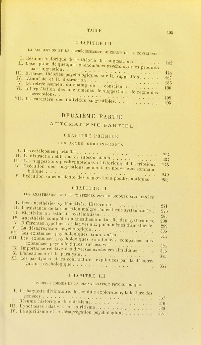 CHAI'ITRE 111 LA SUGGESTION ET ,.E RÉTRÉCISSEMENT DU C„A,,P DE LA CONSCIENCE I. Résumé historique de la théorie des suggestions. '^Sr ^nggeïi^r'^^^ '''^^^'^'^ psychologique^ produits ïï: L=^'r ifdEs:^'^-' vl' «hamp de la c;nscience* .'JJj pé;:^?puôns. P^^',^^^ ^-SSesUon : le régne de; ' VII. Le caractère des individus suggestible;.''. \ [ 205 DEUXIÈME PARTIE AUTOMATISME PARTIEL CHAPITRE PREMIER LES ACTES SUBCONSCIENTS I. Les catalepsies partielles II. La distraction et les actes subcons'ci'enis Vv' tvl posthypnotiques : historique' ;tdéscription ' 045 buCe . . P*^^^^ nouvel état somnam-  V. Exécution subconsciente 'dès'suggestions pos'thypn'otiques'. .' 255 CHAPITRE II LES ANESTHÉSIES ET LES EXISTENCES PSYCHOLOGIQUES SIMULTANIÎES I. Les anesthésies systématisés. Historique 971 II Persistance de la sensation malgré l'anesthésie 'sy'st'éma'ti^éè ' 276 111. Electivite ou esthésie systématisée. .  903 Anesthésie complète ou anesthésie naturelle de's 'hyst'édqu^s.' 290 V. Différentes hypothèses relatives aux phénomènes d'anesthésie 299 VI. La désagrégation psychologique 305 VII. Les existences psychologiques simultanées'. '.3U VIII Les existences psychologiques simultanées com'pa'rée; 'aux existences psychologiques successives 39.}, IX. Importance relative des diverses existences simultanées . ' ' 33.5 X. L'anesthésie et la paralysie. . .  ' 345 XI. Les paralysies et les contractures expliquées'par la désagré- ^ gation psychologique \ 35^ CHAPITRE III DIVERSES FORMES DE I.A DÉSAGRÉGATION PSYCHOLOGIQUE I. La baguette divinatoire, le pendule explorateur, la lecture des pensées _ 3^.7 II. Résumé historique du spiritisme 376 III. Hypothèses relatives au spiritisme .'.'. .' ' 3,S6 IV. Le spiritisme et la désagrégation psychologique '. 307