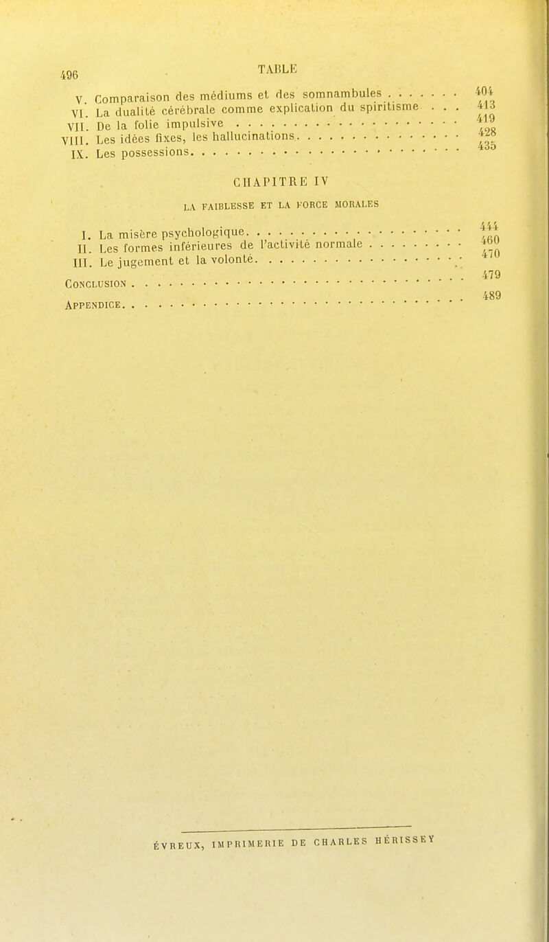 V Comparaison des médiums el des somnambules . . . VI. La dualité cérébrale comme explication du spiritisme VII. De la folie impulsive VIII. Les idées fixes, les hallucinations IX. Les possessions CHAPITRE IV LA FAIBLESSE ET LA KORCE MORALES I. La misère psychologique II. Les formes inférieures de l'activité normale III. Le jugement et la volonté . . 179 Conclusion ... 489 Appendice . . . 404 . . . 413 . . . 419 . . . 428 ... 435 ÉVREUX, IMPUIMURIE DE CHARLES HÉRISSE