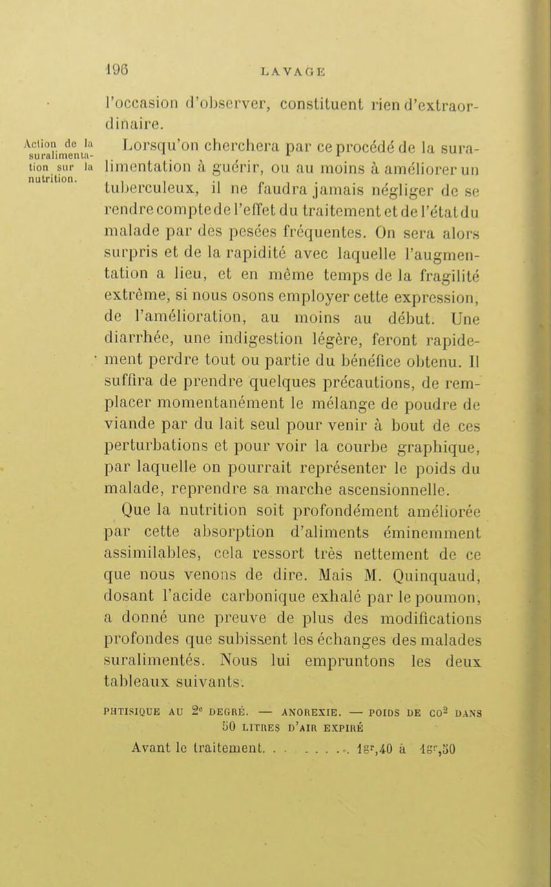 l'occasion d'observer, constituent rien d'extraor- dinaire. Action de la Lorsqu'on cherchera par ce procédé de la sura- tion sur la limcntation à guérir, ou au moins à améliorer un nutrition. , , , ., /. , . tuberculeux, il ne faudra jamais négliger de se rendre comptede l'eiret du traitement et de l'état du malade par des pesées fréquentes. On sera alors surpris et de la rapidité avec laquelle l'augmen- tation a lieu, et en même temps de la fragilité extrême, si nous osons employer cette expression, de l'amélioration, au moins au début. Une diarrhée, une indigestion légère, feront rapide- • ment perdre tout ou partie du bénéfice obtenu. Il suffira de prendre quelques précautions, de rem- placer momentanément le mélange de poudre de viande par du lait seul pour venir à bout de ces perturbations et pour voir la courbe graphique, par laquelle on pourrait représenter le poids du malade, reprendre sa marche ascensionnelle. Que la nutrition soit profondément améliorée par cette absorption d'aliments éminemment assimilables, cela ressort très nettement de ce que nous venons de dire. Mais M. Quinquaud, dosant l'acide carbonique exhalé par le poumon, a donné une preuve de plus des modifications profondes que subis.^ent les échanges des malades suralimentés. Nous lui empruntons les deux tableaux suivants. PHTOIQUE AU 2 DEGRÉ. — ANOREXIE. — POIDS DE CO^ DANS 50 LITRES d'air E.KPinÉ Avant le traitement lgr,40 à -tg^uO