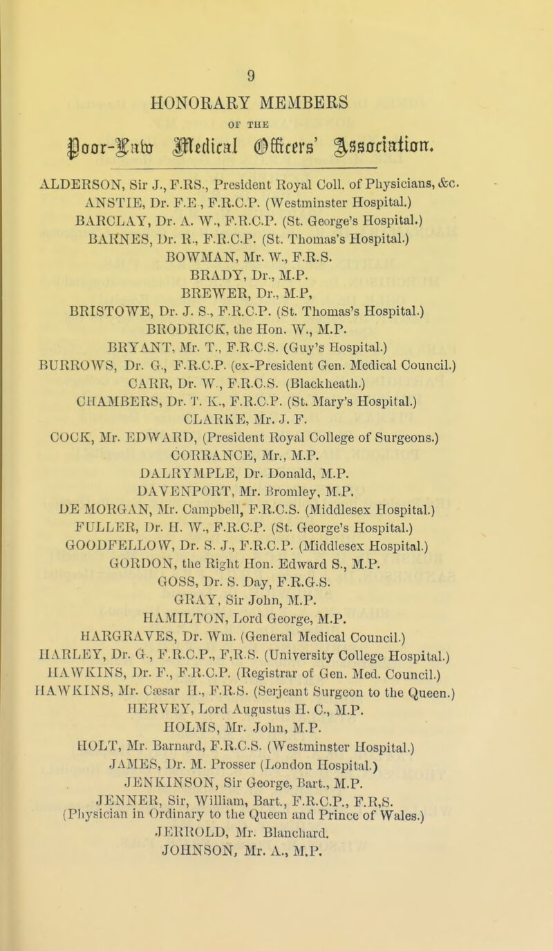 HONORARY MEMBERS OF THE ALDERSON, Sir J.,F.RS., President Royal Coll. of Physicians, &c. ANSTIE, Dr. F.E , F.R.C.P. (Westminster Hospital.) BARCLAY, Dr. A. W., F.R.C.P. (St. George's Hospital.) BARNES, Dr. R., F.R.C.P. (St. Thomas's Hospital.) BOWMAN, Mr. W., F.R.S. BRADY, Dr., M.P. BREWER, Dr., M.P, BRISTOWE, Dr. J. S., F.R.C.P. (St. Thomas's Hospital.) BRODRICK, the Hon. W., M.P. BRYANT, Mr. T., F.R.CS. (Guy's Hospital.) BURROWS, Dr. G., F.R.C.P. (ex-President Gen. Medical Council.) CARR, Dr. W., F.R.CS. (Blackheath.) CHAMBERS, Dr. T. K., F.R.C.P. (St. Mary's Hospital.) CLARKE, Mr. J. F. COCK, Mr. EDWARD, (President Royal College of Surgeons.) CORRANCE, Mr., M.P. DALRYMPLE, Dr. Donald, M.P. DAVENPORT, Mr. Bromley, M.P. DE MORGAN, Mr. Campbell; F.R.CS. (Middlesex Hospital.) FULLER, Dr. H. W., F.R.CP. (St. George's Hospital.) GOODFELLOVY, Dr. S. J., F.R.C.P. (Middlesex Hospital.) GORDON, the Right Hon. Edward S., M.P. GOSS, Dr. S. Day, F.R.G.S. GRAY, Sir John, M.P. HAMILTON, Lord George, M.P. HARGRAVES, Dr. Wm. (General Medical Council.) HARLEY, Dr. G., F.R.C.P., F,R.S. (University College Hospital.) HAWKINS, Dr. F., F.R.C.P. (Registrar of Gen. i\[ed. Council.) HAWKINS, Mr. Caesar H., F.R.S. (Serjeant Surgeon to the Queen.) HERVEY, Lord Augustus H. C, M.P. HOLMS, Mr. John, M.P. tlOLT, Mr. Barnard, F.R.CS. (Westminster Hospital.) JAMES, Dr. M. Prosser (London Hospital.) JENKINSON, Sir George, Bart., M.P. JENNER, Sir, William, Bart., F.R.C.P., F.R,S. (Physician in Ordinary to the (^ueen and Prince of Wales.) JERROLD, Mr. Blauchard. JOHNSON, Mr. A., M.P.