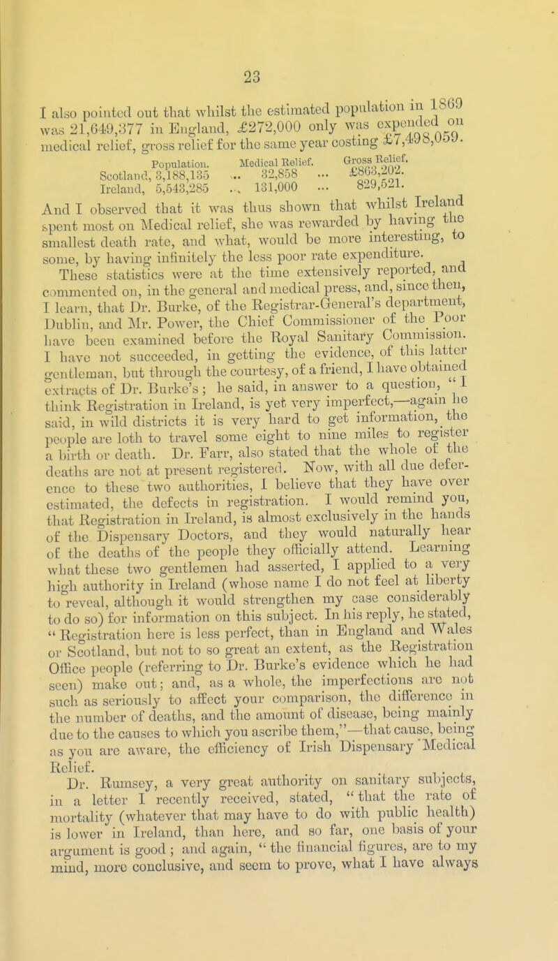 I also pointed out that whilst the estimated population in IbbO was 21,649,377 in England, ^272,000 only was expended ou medical relief, gross relief for the same year costing i;7,^<J»,^o^- Population. Medical Relief. ^]'°f,fM!f' Scotland, 3,188,13.3 32,858 ... ^J^^'j^Jf- Ireland, 5,543,285 ... 131,000 ... 829,521. And I observed that it was thus shown that ^vhilst Ireland spent most on Medical relief, she was rewarded by having tlio smallest death rate, and what, would be more interesting, to some, by having infinitely the less poor rate expenditure. These statistics were at the time extensively reported and commented on, in the general and medical press, and, since then, I learn, that Dr. Burke, of the Registrar-General's department, Dublin, and Mr. Power, the Chief Commissioner of the 1 oor have been examined before the Royal Sanitary Conimission. I have not succeeded, in getting the evidence, of this latter gentleman, but through the courtesy, of a friend, I have obtained extracts of Dr. Burke's ; he said, in answer to a question, i think Registration in Ireland, is yet very imperfect,—again he said, in wild districts it is very hard to get information, _ the people are loth to travel some eight to nine miles to register a birth or death. Dr. Farr, also stated that the whole ot the deaths are not at present registered. Now, with all due defer- ence to these two authorities, I believe that they have over estimated, the defects in registration. I would remind you, that Registration in Ireland, is almost exclusively m the hands of the Dispensary Doctors, and they would naturally hear of the deaths of the people they officially attend. Learning what these two gentlemen had asserted, I applied to a very liigh authority in Ireland (whose name I do not feel at liberty to^reveal, although it would strengthen my case considerably to do so) for information on this subject. In his reply, he stated,  Registration here is less perfect, than in England and Wales or Scotland, but not to so great an extent, as the Registration Office people (referring to Dr. Burke's evidence which he had seen) make out; and, as a whole, the imperfections arc not such as seriously to affect your comparison, the diffi?rencc in the number of deaths, and the amount of disease, being mainly due to the causes to which you ascril)e them,—that cause, being as you arc aware, the efficiency of Irish Dispensary 'Medical Relief. . Dr. Rumsey, a very great authority on sanitary subjects, in a letter I recently received, stated, that the rate of mortality (whatever that may have to do with public health) is lower in Ireland, than hero, and so far, one basis of your argument is good ; and again,  the financial figures, are to iny mind, more conclusive, and seem to prove, what I have always