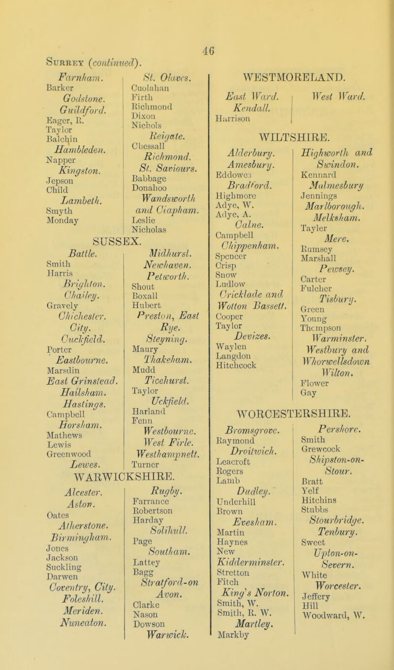 SuRBKY (continued). Farn//am. Barker Godatone. Guildford. Eager, II. Taylor Hal chin Hambleden. Napper King don. Jepson Child Lamheth. Smyth Monday 4G iS7. Olavcs. Cuolnhau Firth Ivichniond Dixon Nichols Kei(jate. Chessall Richmond. St.. Saniours. Babbago Donahoo Wandsworth and Giapham. Leslie Nicholas SUSSEX. Midliursl, New haven. Pel worth. Shout Boxall Hubert Preston, East Bye. 8t.eynin<j. Maury Thakeham, Mudd Ticehurst. Taylor Uckfield. Harland Feini Westbourne. West Firle. WesihamjJnetf. Turner WARWICKSHIRE. Rugby. Farranee Eobertson Hard ay Soli!mil. Page Southam. Lattey Cagg 8tr afford-on Avon. Clarke Nason Dowson Waricich. Battle. Smith Harris Brigldon. Chailcy. Gravely Chichester. City. Guclfeld. Porter Eastbourne. Marsdiii East Grinstead Hailsham, Hastings. Campbell Horsham. Mathews Lewis Greenwood Leives. Alcester. Aston. Gates Athersione. Birmingham. Jones Jackson Suckling Darwen Coventry, City Foleshill. Meriden. Nuneaton. WESTMORELAND. Etu^t Ward. Kendall. Hiurison WILT Alderbury. Amesbury. Eddowe; Bradford. High more Adye, W. Adyc, A. Calne. Campbell Chippenham. Spencer Crisp Snow Ludlow f lricklade and Wotton Bassett. Cooper Taylor Devizes. Waylen Langdon Hitchcock West Ward. SHIRE. Highioorlh and Sioindon. Kennard Mdlmesbury Jennings Marlborough. MeU'sham. Tayler Mere. llumscy Marshall Peivsey. Carter Fulcher Tisbury. Green Young Thompson War7ninster, Westhury and Whorwellsdown Wilton, Flower Gay WORCESTERSHIRE. Bromsgrovc. Kayraond Droilwich. Leacroft Rogers Lamb Dudley. Underhill Brown Evesham. Martin Haynes New Kidder ?ninstcr. Stretton Fitch King\s Norton. Smith, W. Smith, R. W. Hartley. Markby Per shore. Smith Grewcock Shipston-on- Stour. Bratt Yelf Hitching Stubbs Stourbridge, Tenbury. Sweet UjJlon'On- Severn. White Wo7-cester. JeflEery Hill Woodward, W.