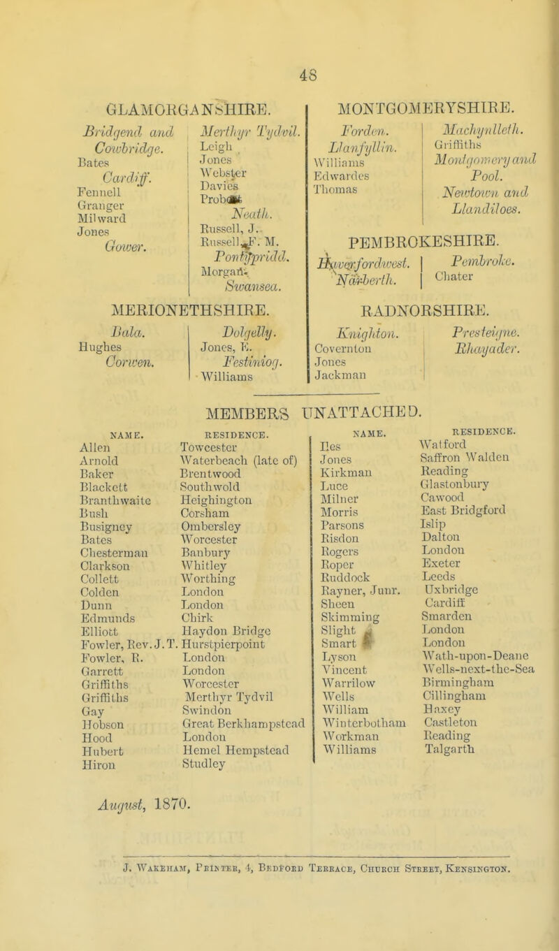 GLAMOKGi^ NbHIRE. Bridgend and Cowhridge. Bates Cardiff. Feiincll Granger Mil ward Jones Gower. MertJnjr Tydvil. Lcigli Jones Webster Davies Prob* Noaih. Kussell, J. Knssel!^\ M. Tont^Jpridd. Morgarti. Sioansea. MERIONETHSHIRE. MONTGOMERYSHIRE. For den. LlanfylUn. Williams Edwardes Tlioinas Bala. Hughes Oorwen, Dolgelly. Jones, K. Festiniog. Williams Machynllelh. Giiffiths Moni qomary and ^Pool. Nmvtowu and Llandiloes. PEMBROKESHIRE. AiV0-fordv:cst. I PonhroJcc. Nmherlh. C'hater RADNORSHIRE. Knigldon. Covcrntou Jones Jackman Presteigne. Rluoyader. MEMBERS UNATTACHED. NAME. RESIDENCE. Allen Towcestcr Arnold Waterbeach (late of) Baker Brentwood Blackett Southwold Brantliwaite Heighington Bush Cor&ham Bnsigncy Ombcrsley Bates Worcester Chester man Banbury Clarkson Whitley Collett Worthing Golden London l)unn London Edmunds Chirk Elliott Haydon Bridge Fowler, Bev. J. T. Hurstpicrpoint Fowler, E. London Garrett London GrifBths Worcester Griffiths Mcrthyr Tydvil Gay Swindon Hobson Great Berkhampstcad Hood London Hubert Henicl Hempstead Hiron Studley NAME. lies Jones Kirk man Luce Milncr Morris Parsons Eisdon Eogers Eopcr Euddock Rayner, Junr. Sheen Skimming Slight ^ Smart fr Tiyson Vincent Warrilow Wells William Wintcrbolham Workman Williams RESIDENCE. Wafford Saffron Waldcn Reading Glastonbury Cawood East Bridgford Islip Dalton London Exeter Leeds Uxbridgc Cardiffi Smarden London London Wath-upon-Deane Wells-next-thc-Sea Birmingham Cillingham Haxcy Castleton Reading Talgartli August, 1870. J. Wakeiiam, Pbiktek, 4, BEDtOED Tereace, Chuech Steeet, Kensington.