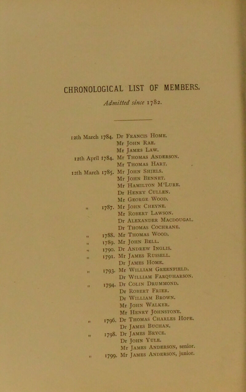Admitted since 1782. 12th March 1784. Dr Francis Home. Mr John Rae. Mr James Law. i2th April 1784. Mr Thomas Anderson. Mr Thomas Hart. 12th March I785- Joi^N Shiels. Mr John Bennet. Mr Hamilton M'Lure. Dr Henry Cullen. Mr George Wood. „ 1787. Mr John Cheyne. Mr Robert Lawson. Dr Alexander Macdougal. Dr Thomas Cochrane. „ 1788. Mr Thomas Wood. „ 1789. Mr John Bell. ■I I790- Andrew Inglis. ,1 I79I- James Russell. Dr James Home. „ 1793. Mr William Greenfield. Dr William Farquharson. „ 1794. Dr Colin Drummond. Dr Robert Frier. Dr William Brown. Mr John Walker. Mr Henry Johnstone. „ 1796. Dr Thomas Charles Hope. Dr James Buchan. „ 1798. Dr James Bryce. Dr John Yule. Mr James Anderson, senior. „ 1799. Mr James Anderson, junior.