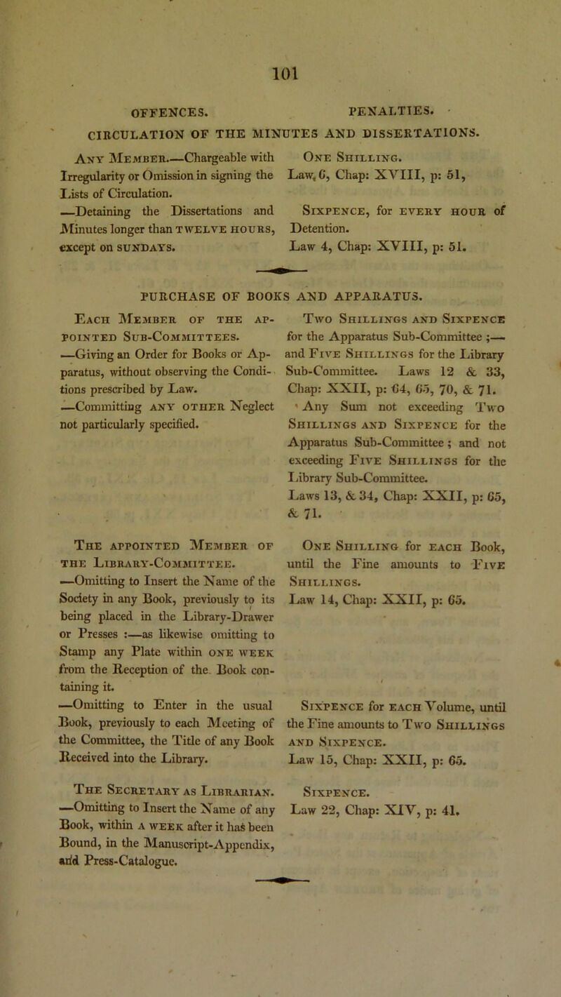 OFFENCES. FENALTIES. CIRCULATION OF THE MINUTES AND DISSERTATIONS. Any JIembeh Chargeable with Irregularity or Omission in signing the I.ists of Circulation. —Detaining the Dissertations and JVIinutes longer than twelve hours, except on Sundays. One Shilling. Law, C, Chap: XVIII, p: 51, Sixpence, for every hour of Detention. Law 4, Chap: XVIII, p: 51. PURCHASE OF BOOKS AND APPARATUS. Each IMejiber of the ap- POINTED SuB-COAIMITTEES. —Giving an Order for Books or Ap- paratus, without observing the Condi- tions prescribed by Law. .i—Committing any other Neglect not particularly specified. Two Shillings and Sixpence for the Apparatus Sub-Committee ;— and Five Shillings for the I.ibrary Sub-Committee. Laws 12 & 33, Chap: XXII, p: C4, 65, 70, & 71. ' Any Sum not exceeding Two Shillings and Sixpence for the Apparatus Sub-Committee; and not exceeding Five Shillings for the Ijibrary Sub-Committee. Laws 13, &34, Chap: XXII, p: 65, & 71. The appointed Member op THE Library-Committee. —Omitting to Insert the Name of the Society in any Book, previously to its being placed in the Library-Drawer or Presses :—as likewise omitting to Stamp any Plate within one week from the Reception of the Book con- taining it. —Omitting to Enter in the usual Book, previously to each Meeting of the Committee, the Title of any Book The Secretary as Librarian. Book, within a week after it haS been Bound, in the Manuscript-Appendix, arid Press-Catalogue. One Shilling for each Book, until the Fine amounts to Five Shillings. Law 14, Chap: XXII, p: 65. Sixpence for each Volume, until the Fine amounts to Tw'O Shillings and Sixpence. Sixpence. a