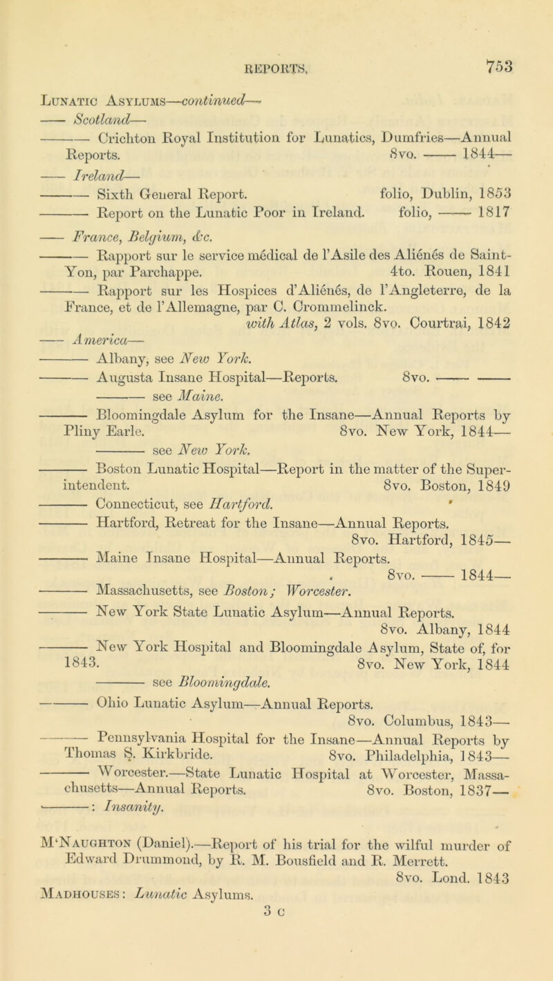 Lunatic Asylums—continued—* Scotland— Crichton Royal Institution for Lunatics, Dumfries—Annual Reports. 8vo. 1844— Ireland— Sixth General Report. folio, Dublin, 1853 Report on the Lunatic Poor in Ireland. folio, 1817 France, Belgium, dc. Rapport sur le service medical de l’Asile des Alienes de Saint- Yon, par Parchappe. 4to. Rouen, 1841 Rapport sur les Hosjuces d’Alienas, de l’Angleterre, de la France, et de l’Allemagne, par C. Crommelinck. with Atlas, 2 vols. 8vo. Courtrai, 1842 America— Albany, see New York. Augusta Insane Hospital—Reports. 8vo. see Maine. Bloomingdale Asylum for the Insane—Annual Reports by Pliny Earle. 8vo. Hew York, 1844— see New York. Boston Lunatic Hospital—Report in the matter of the Super- intendent. 8vo. Boston, 1849 Connecticut, see Hartford. * Hartford, Retreat for the Insane—Annual Reports. 8vo. Hartford, 1845— Maine Insane Hospital—Annual Reports. . 8vo. 1844— Massachusetts, see Boston; Worcester. Hew York State Lunatic Asylum—Annual Reports. 8vo. Albany, 1844 Hew York Hospital and Bloomingdale Asylum, State of, for 1843. 8vo. Hew York, 1844 see Bloomingdale. ■ Ohio Lunatic Asylum—Annual Reports. 8vo. Columbus, 1843— Pennsylvania Hospital for the Insane—Annual Reports by Thomas S. Kirkbride. 8vo. Philadelphia, 1843— Worcester.—State Lunatic Hospital at Worcester, Massa- chusetts-Annual Reports. 8vo. Boston, 1837— * : Insanity. M‘Haughton (Daniel).—Report of his trial for the wilful murder of Edward Drummond, by R. M. Bousfield and R. Merrett. 8vo. Lond. 1843 o O c Madhouses : lunatic Asylums.