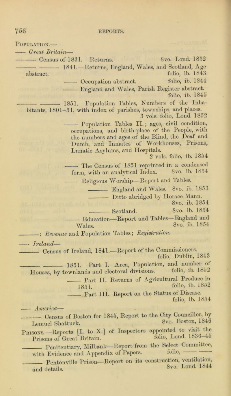 Population.— Great Britain— Census of 1831. Returns. 8vo. Lond. 1832 1841.—Returns, England, Wales, and Scotland, Age abstract. folio, ib. 1843 Occupation abstract. folio, ib. 1844 England and Whales, Parish Register abstract. folio, ib. 1845 1851. Population Tables, Numbers of the Inha- bitants, 1801—51, with index of parishes, townships, and places. 3 vols. folio, Lond. 1852 Population Tables II.; ages, civil condition, occupations, and birth-place of the People, with the numbers and ages of the Blind, the Leaf and Dumb, and Inmates of Workhouses, Prisons, Lunatic Asylums, and Hospitals. 2 vols. folio, ib. 1854 The Census of 1851 reprinted in a condensed form, with an analytical Index. 8vo. ib. 1854 Religious Worship—Report and Tables. England and Wales. 8vo. ib. 1853 Ditto abridged by Horace Mann. 8vo. ib. 185 4 Scotland. 8vo. ib. 1854 Education—Report and Tables—England and Wales. Svo. ib. 1854 : Revenue and Population Tables j Registration. - Ireland— Census of Ireland, 1841.—Report of the Commissioners. folio, Dublin, 1843 1851. Part I. Area, Population, and number of Houses, by townlands and electoral divisions. folio, ib. 18o2 Part II. Returns of Agricultural Produce in 1851. folio, il)- 1852 . Part III. Report on the Status ot Disease. folio, ib. 1854 — America- Census of Boston for 1845, Report to the City Councillor, by Lemuel Shattuck. 8vo. Boston,,1846 Prisons.—Reports [I. to X.] of Inspectors appointed to visit the Prisons of Great Britain. folio, Lond. lb<50-lo Penitentiary, Milbank—Report from the Select Committe e, with Evidence and Appendix of Papers. folio, • - Pentonville Prison—Report on its construction, ventilation, and details. 8v0- Loml 1844