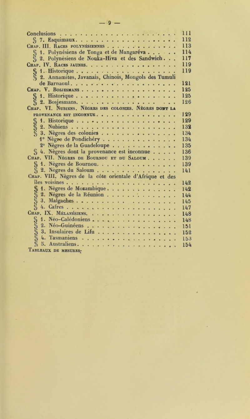 Conclusions § 7. Esquimaux Chap. III. Races polynésiennes § I. Polynésiens de Tonga et de Mangaréva § 2. Polynésiens de Nouka-Hiva et des Sandwich. . . Chap. IV. Races jaunes § \. Historique § 2. Annamites, Javanais, Chinois, Mongols des Tumuli de Barnaoul Chap. V. Bosjesmans § 1. Historique § 2. Bosjesmans Chap. VI. Nubiens. Nègres des colonies. Nègres dont la PROVENANCE EST INCONNUE § I. Historique § 2. Nubiens § 3. Nègres des colonies 1° Nègpe de Pondichéry 2° Nègres de la Guadeloupe § 4. Nègres dont la provenance est inconnue Chap. VII. Nègres de Bournou et du Saloum § 1. Nègres de Bournou § 2. Nègres du Saloum Chap. VIII. Nègres de la côte orientale d’Afrique et des îles voisines § 1. Nègres de Mozambique 2. Nègres de la Réunion § 3. Malgaches ^ 4. Cafres Chap. IX. Mélanésiens § \. Néo-Calédoniens 2. Néo-Guinéens 3. Insulaires de Lifu 4. Tasmaniens § 5. Australiens Tableaux de mesures^ 111 112 113 114 117 119 119 121 125 125 126 129 129 132 134 134 135 136 139 139 141 142 142 144 145 147 148 148 151 152 153 154