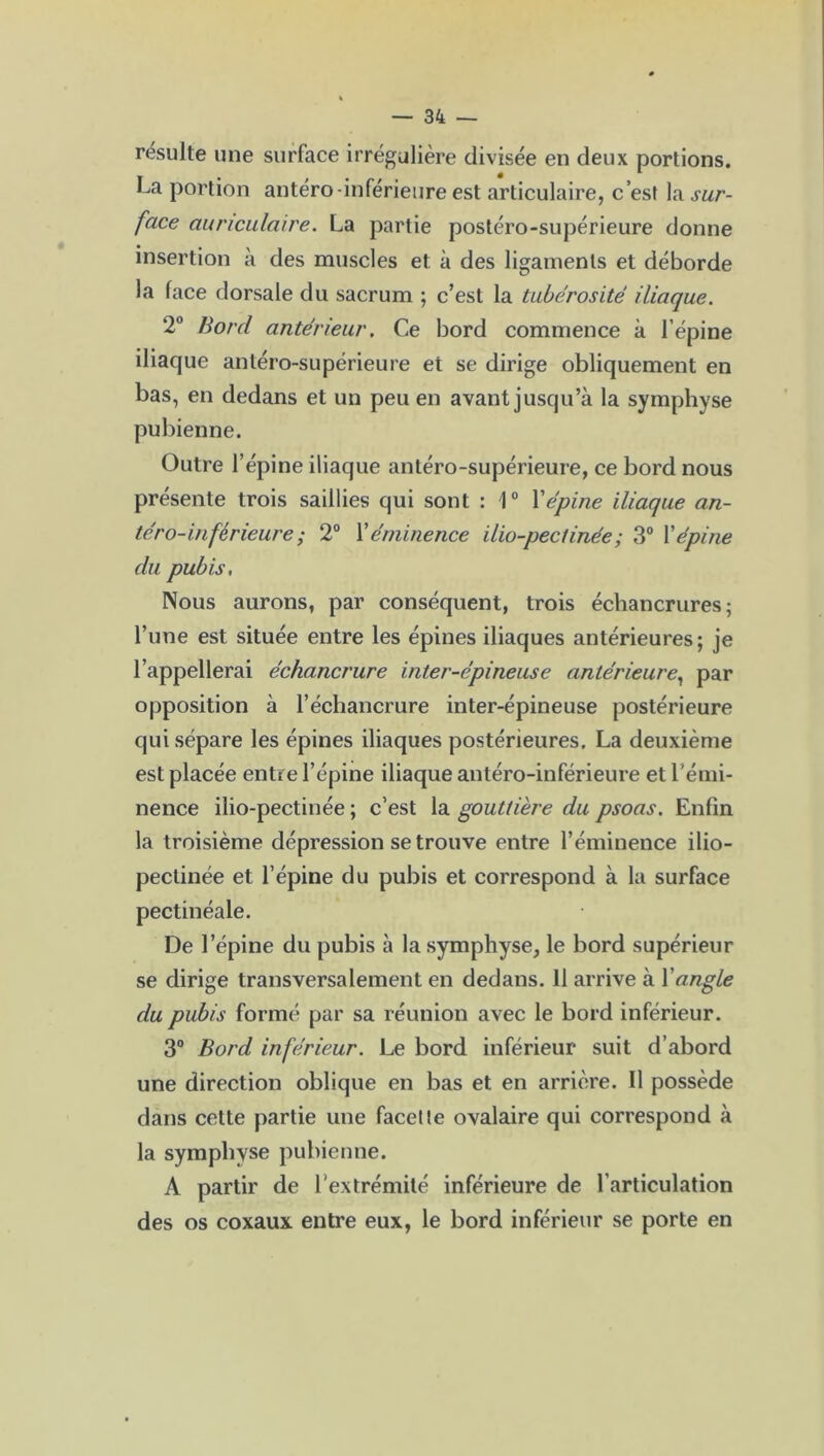 résulte une surface irrégulière divisée en deux portions. La portion antéro-inférieure est articulaire, c’est la sur- face auriculaire. La partie postéro-supérieure donne insertion à des muscles et à des ligaments et déborde la face dorsale du sacrum ; c’est la tubérosité iliaque. T Bord antérieur. Ce bord commence à l’épine iliaque antéro-supérieure et se dirige obliquement en bas, en dedans et un peu en avant jusqu’à la symphyse pubienne. Outre l’épine iliaque antéro-supérieure, ce bord nous présente trois saillies qui sont : 1° Xépine iliaque an- téro-inférieure; 2° Xéminence ilio-pectinée ; 3° Xépine du pubis, Nous aurons, par conséquent, trois échancrures; l’une est située entre les épines iliaques antérieures; je l’appellerai échancrure inter-épineuse antérieure, par opposition à l’échancrure inter-épineuse postérieure qui sépare les épines iliaques postérieures. La deuxième est placée entre l’épine iliaque antéro-inférieure et l’émi- nence ilio-pectinée ; c’est la gouttière du psoas. Enfin la troisième dépression se trouve entre l’éminence ilio- pectinée et l’épine du pubis et correspond à la surface pectinéale. De l’épine du pubis à la symphyse, le bord supérieur se dirige transversalement en dedans. 11 arrive à Xangle du pubis formé par sa réunion avec le bord inférieur. 3° Bord inférieur. Le bord inférieur suit d’abord une direction oblique en bas et en arrière. Il possède dans cette partie une facetle ovalaire qui correspond à la symphyse pubienne. A partir de l’extrémité inférieure de l’articulation des os coxaux entre eux, le bord inférieur se porte en