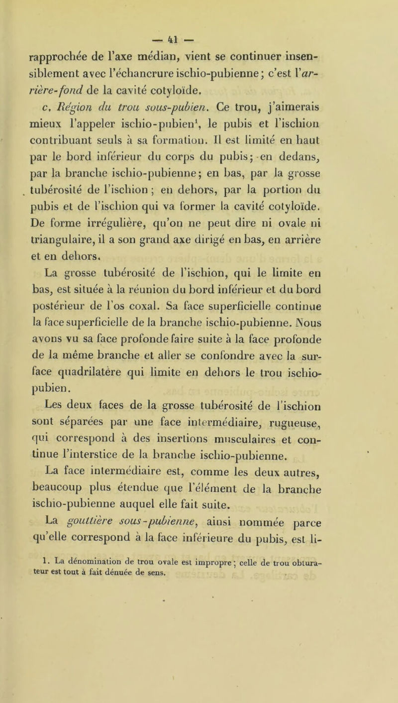 rapprochée de l’axe médian, vient se continuer insen- siblement avec l'échancrure ischio-pubienne; c’est 1 'ar- rière-fond de la cavité cotyloïde. c. Région du trou sous-pubien. Ce trou, j’aimerais mieux l’appeler ischio-pubien1, le pubis et l’ischion contribuant seuls à sa formation. Il est limité en haut par le bord inférieur du corps du pubis; en dedans, par la branche ischio-pubienne; en bas, par la grosse tubérosité de l’ischion ; en dehors, par la portion du pubis et de l’ischion qui va former la cavité cotyloïde. De forme irrégulière, qu’on ne peut dire ni ovale ni triangulaire, il a son grand axe dirigé en bas, en arrière et en dehors. La grosse tubérosité de l’ischion, qui le limite en bas, est située à la réunion du bord inférieur et du bord postérieur de l’os coxal. Sa face superficielle continue la face superficielle de la branche ischio-pubienne. Nous avons vu sa face profonde faire suite à la face profonde de la même branche et aller se confondre avec la sur- face quadrilatère qui limite en dehors le trou ischio- pubien . Les deux faces de la grosse tubérosité de l’ischion sont séparées par une face intermédiaire, rugueuse, qui correspond à des insertions musculaires et con- tinue l’interstice de la branche ischio-pubienne. La face intermédiaire est, comme les deux autres, beaucoup plus étendue que l’élément de la branche ischio-pubienne auquel elle fait suite. La gouttière sous-pubienne, ainsi nommée parce qu’elle correspond à la face inférieure du pubis, est li- 1. La dénomination de trou ovale est impropre; celle de trou obtura- teur est tout à fait dénuée de sens.