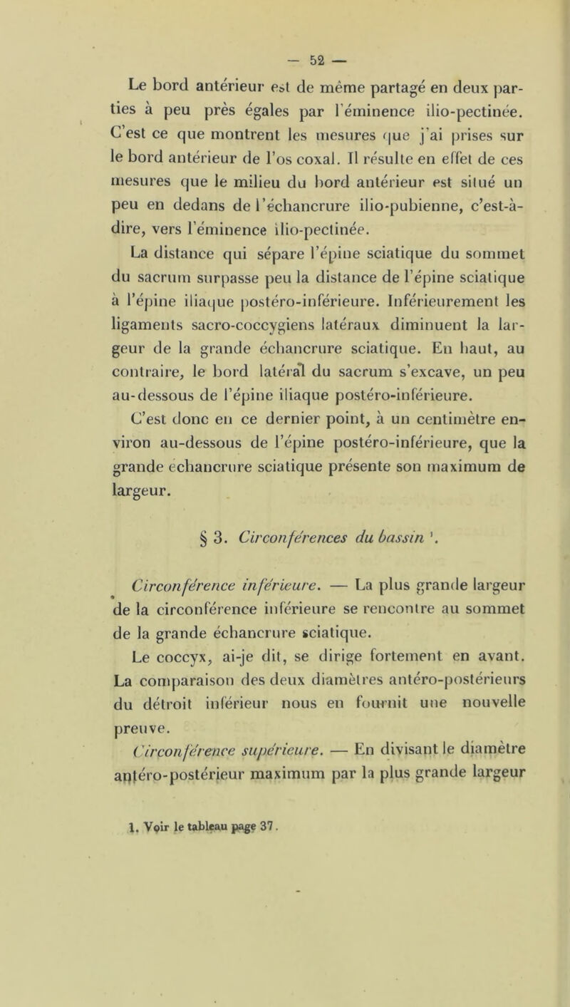 Le bord antérieur est de même partagé en deux par- ties à peu près égales par l’éminence ilio-pectinée. C’est ce que montrent les mesures que j'ai prises sur le bord antérieur de l’os coxal. Il résulte en effet de ces mesures que le milieu du bord antérieur est situé un peu en dedans de l’échancrure ilio-pubienne, c’est-à- dire, vers l’éminence ilio-pectinée. La distance qui sépare l’épine sciatique du sommet du sacrum surpasse peu la distance de l’épine sciatique à l’épine iliaque postéro-inférieure. Inférieurement les ligaments sacro-coccygiens latéraux diminuent la lar- geur de la grande échancrure sciatique. En haut, au contraire, le bord latéral du sacrum s’excave, un peu au-dessous de l’épine iliaque postéro-inférieure. C’est donc en ce dernier point, à un centimètre en- viron au-dessous de l’épine postéro-inférieure, que la grande échancrure sciatique présente son maximum de largeur. § 3. Circonférences du bassin ’. Circonférence inférieure. — La plus grande largeur de la circonférence inférieure se rencontre au sommet de la grande échancrure sciatique. Le coccyx, ai-je dit, se dirige fortement en avant. La comparaison des deux diamètres antéro-postérieurs du détroit inférieur nous en fournit une nouvelle preuve. Circonférence supérieure. — En divisant le diamètre anféro-postérieur maximum par la plus grande largeur 1. Voir le tableau page 37.