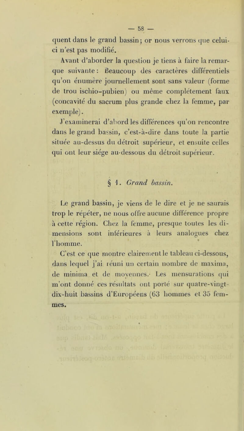 quent dans le grand bassin; or nous verrons que celui- ci n’est pas modifié. Avant d’aborder la question je tiens à faire la remar- que suivante: Beaucoup des caractères différentiels qu’on énumère journellement sont sans valeur (forme de trou ischio-pubien) ou même complètement faux (concavité du sacrum plus grande chez la femme, par exemple). J’examinerai d’abord les différences qu’on rencontre dans le grand bassin, c’est-à-dire dans toute la partie située au-dessus du détroit supérieur, et ensuite celles qui ont leur siège au-dessous du détroit supérieur. § 1. Grand bassin. Le grand bassin, je viens de le dire et je ne saurais trop le répéter, ne nous offre aucune différence propre à cette région. Chez la femme, presque toutes les di- mensions sont inférieures à leurs analogues chez l’homme. C’est ce que montre clairement le tableau ci-dessous, dans lequel j’ai réuni un certain nombre de inaxima, de minima et de moyennes.- Les mensurations qui m’ont donné ces résultats ont porté sur quatre-vingt- dix-huit bassins d’Européens (G3 hommes et 35 fem- mes.