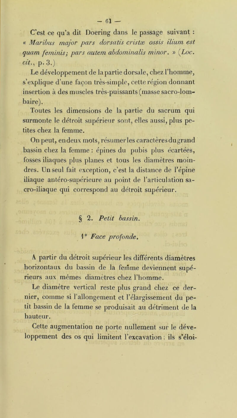 C’est ce qu’a dit Doering dans le passage suivant : a Maribus major pars dorsatis cristæ ossis ilium est quam ferninis; pars autem abdominalis rninor. » (Lot1. cit., p. 3.) Le développement de la partie dorsale, chez l’homme, s’explique d’une façon très-simple, cette région donnant insertion à des muscles très-puissants (masse sacro-lom- baire). Toutes les dimensions de la partie du sacrum qui surmonte le détroit supérieur sont, elles aussi, plus pe- tites chez la femme. On peut, en deux mots, résumer les caractères du grand bassin chez la femme : épines du pubis plus écartées, fosses iliaques plus planes et tous les diamètres moin- dres. Un seul fait exception, c’est la distance de l’épine iliaque antéro-supérieure au point de l’articulation sa- cro-iliaque qui correspond au détroit supérieur. § 2. Petit bassin. 10 Face profonde. A partir du détroit supérieur les différents diamètres horizontaux du bassin de la femme deviennent supé- rieurs aux mêmes diamètres chez l’homme. Le diamètre vertical reste plus grand chez ce der- nier, comme si l’allongement et l’élargissement du pe- tit bassin de la femme se produisait au détriment de la hauteur. Cette augmentation ne porte nullement sur le déve- loppement des os qui limitent l’excavation ; ils s’éloi-