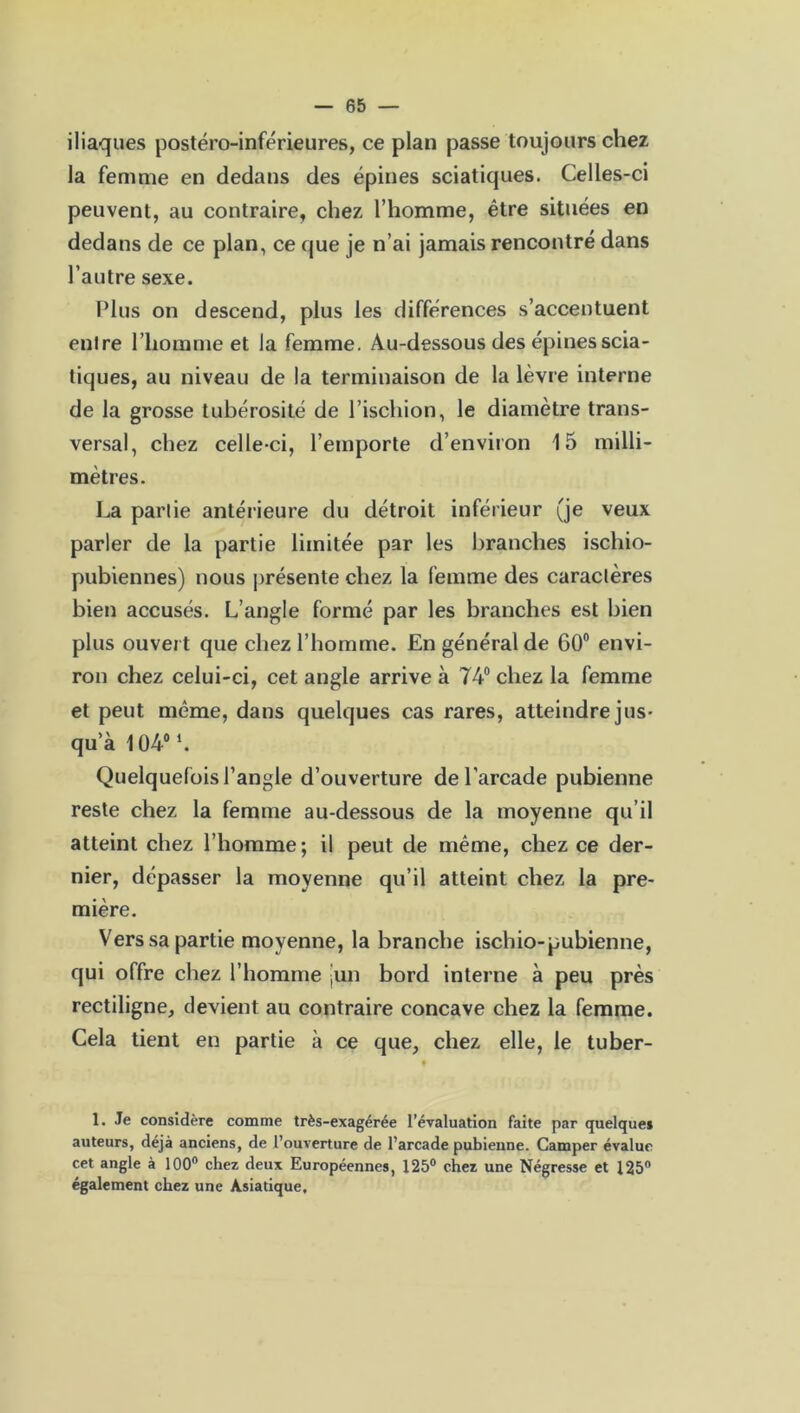 iliaques postéro-inférieures, ce plan passe toujours chez la femme en dedans des épines sciatiques. Celles-ci peuvent, au contraire, chez l’homme, être situées en dedans de ce plan, ce que je n’ai jamais rencontré dans l’autre sexe. Plus on descend, plus les différences s’accentuent enlre l’homme et la femme. Au-dessous des épines scia- tiques, au niveau de la terminaison de la lèvre interne de la grosse tubérosité de l’ischion, le diamètre trans- versal, chez celle-ci, l’emporte d’environ 15 milli- mètres. La partie antérieure du détroit inférieur (je veux parler de la partie limitée par les branches iscliio- pubiennes) nous présente chez la femme des caractères bien accusés. L’angle formé par les branches est bien plus ouvert que chez l’homme. En général de 60° envi- ron chez celui-ci, cet angle arrive à 74° chez la femme et peut même, dans quelques cas rares, atteindre jus- qu’à 104° h Quelquefois l’angle d’ouverture de l'arcade pubienne reste chez la femme au-dessous de la moyenne qu’il atteint chez l’homme; il peut de même, chez ce der- nier, dépasser la moyenne qu’il atteint chez la pre- mière. Vers sa partie moyenne, la branche ischio-pubienne, qui offre chez l’homme jun bord interne à peu près rectiligne, devient au contraire concave chez la femme. Cela tient en partie à ce que, chez elle, le tuber- 1. Je considère comme très-exagérée l’évaluation faite par quelques auteurs, déjà anciens, de l’ouverture de l’arcade pubienne. Camper évalue cet angle à 100° chez deux Européennes, 125° chez une Négresse et 125° également chez une Asiatique.