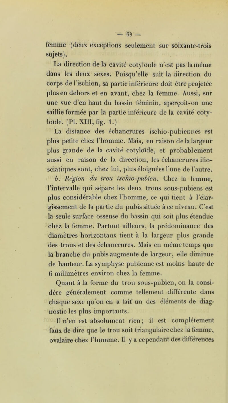 femme (deux exceptions seulement sur soixante-trois sujets). La direction de la cavité cotyloïde n’est pas la même dans les deux sexes. Puisqu’elle suit la direction du corps de lischion, sa partie inférieure doit être projetée plus en dehors et en avant, chez la femme. Aussi, sur une vue d’en haut du bassin féminin, aperçoit-on une saillie formée par la partie inférieure de la cavité coty- loïde. (PI. XIII, fig. 1.) La distance des échancrures ischio-pubiennes est plus petite chez l’homme. Mais, en raison delalargeur plus grande de la cavité cotyloïde, et probablement aussi en raison de la direction, les échancrures ilio- sciatiques sont, chez lui, plus éloignées Tune de l’autre. b. Région du trou ischio-pubien. Chez la femme, l’intervalle qui sépare les deux trous sous-pubiens est plus considérable chez l’homme, ce qui tient à l’élar- gissement de la partie du pubis située à ce niveau. C’est la seule surface osseuse du bassin qui soit plus étendue chez la femme. Partout ailleurs, la prédominance des diamètres horizontaux tient à la largeur plus grande des trous et des échancrures. Mais en même temps que la branche du pubis augmente de largeur, elle diminue de hauteur. La symphyse pubienne est moins haute de 6 millimètres environ chez la femme. Quant à la forme du trou sous-pubien, on la consi- dère généralement comme tellement différente dans chaque sexe qu’on en a fait un des éléments de diag- nostic les plus importants. Il n’en est absolument rien; il est complètement faux de dire que le trou soit triangulaire chez la femme, ovalaire chez l’homme. Il y a cependant des différences