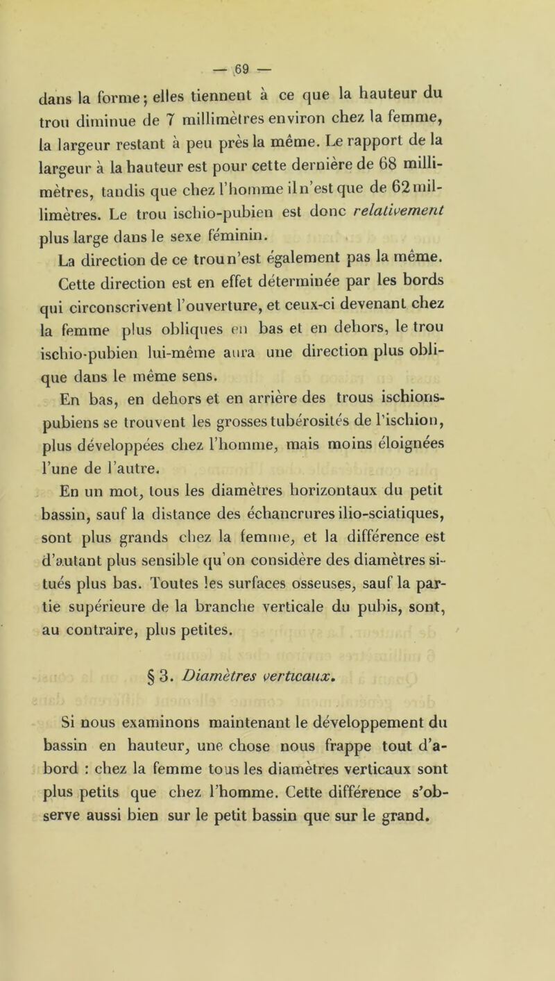 dans la forme; elles tiennent à ce que la hauteur du trou diminue de 7 millimètres environ chez la femme, la largeur restant à peu près la même. Le rapport de la largeur à la hauteur est pour cette dernière de 68 milli- mètres, tandis que chez l’homme il n’est que de 62 mil- limètres. Le trou ischio-pubien est donc relativement plus large dans le sexe féminin. La direction de ce trou n’est également pas la même. Cette direction est en effet déterminée par les bords qui circonscrivent l’ouverture, et ceux-ci devenant chez la femme plus obliques en bas et en dehors, le trou ischio-pubien lui-même aura une direction plus obli- que dans le même sens. En bas, en dehors et en arrière des trous ischions- pubiens se trouvent les grosses tubérosités de l’ischion, plus développées chez l’homme, mais moins éloignées l’une de l’autre. En un mot, tous les diamètres horizontaux du petit bassin, sauf la distance des échancrures ilio-sciatiques, sont plus grands chez la femme, et la différence est d’autant plus sensible qu’on considère des diamètres si- tués plus bas. Toutes les surfaces osseuses, sauf la par- tie supérieure de la branche verticale du pubis, sont, au contraire, plus petites. § 3. Diamètres verticaux. Si nous examinons maintenant le développement du bassin en hauteur, une chose nous frappe tout d’a- bord : chez la femme tous les diamètres verticaux sont plus petits que chez l’homme. Cette différence s’ob- serve aussi bien sur le petit bassin que sur le grand.