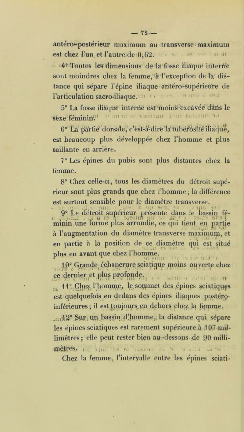 antéro*-postérieur maximum au transverse maximum est chez l’un et l’autre de 0,62. - • l 14* Toutes les dimensions de'la fosse iliaque interne sont moindres chez la femme, à l’exception de la dis- tance qui sépare l’épine iliaque antéro-supérieure de l’articulation sacro-iliaque. 1)1 5° La fosse iliaque interne est moin^’excavée dâUs le Sèxe féminin-1 » ' * 1 *;i’ : 1 ’ 6° Là pai tié dorsale, c’est-à'-dire la‘tübéMs1téiIia(fùe, est beaucoup plus développée chez l’homme et plus saillante en arrière. 7° Les épines du pubis sont plus distantes chez la femme. 8° Chez celle-ci, tous les diamètres du détroit supé- rieur sont plus grands que chez l’homme; la différence est surtout sensible pour le diamètre transverse. ruii i , . ■ il o» sn ! . wiû . i 9° Le détroit supérieur présente dans le bassin fé- i . .... . ik u'ff- ft: süïsiifl -.j ■ si- ■■ » s'ir»i minin une forme plus arrondie, ce qui tient en partie à l’augmentation du diamètre transverse maximum, et en partie à la position de ce diamètre qui est situé plus en avant que chez l’homme. r <>: a :;i >•- 'i i / i. » > 10° Grande échancrure sciatique moins ouverte chez ce fermer ,et plus profonde. , 9 j 11° ]C^e^. l’homipe, le soppmet des épines sciatiquçs est quelquefois en dedans des épines iliaques postéro- inférieures; il est tpujours en dehors chez, la femme. Sur,un bassin d’homme, la distance qui sépare les épines sciatiques est rarement supérieure à 107 mil- limètres; elle peut rester bien au-dessous de 90 milli- métrés. ‘III: •w r.. Chez la femme, l’intervalle entre les épines sciati-