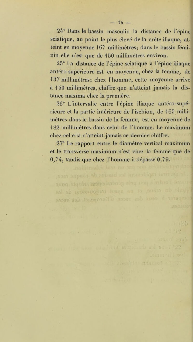 — 74 — 24° Dans le bassin masculin la distance de l’épine sciatique, au point le plus élevé de la crête iliaque, at- teint en moyenne 167 millimètres; dans le bassin fémi- nin elle n’est que de 150 millimètres environ. 25° La distance de l’épine sciatique à l’épine iliaque antéro-supérieure est en moyenne, chez la femme, de 137 millimètres; chez l’homme, cette moyenne arrive à 150 millimètres, chiffre que n’atteint jamais la dis- tance maxima chez la première. 26° L’intervalle entre l’épine iliaque antéro-supé- rieure et la partie inférieure de l’ischion, de 165 milli- mètres dans le bassin de la femme, est en movenne de 182 millimètres dans celui de l’homme. Le maximum chez cel e-là n’atteint jamais ce dernier ohilfre. 27° Le rapport entre le diamètre vertical maximum et le transverse maximum n’est chez la femme que de