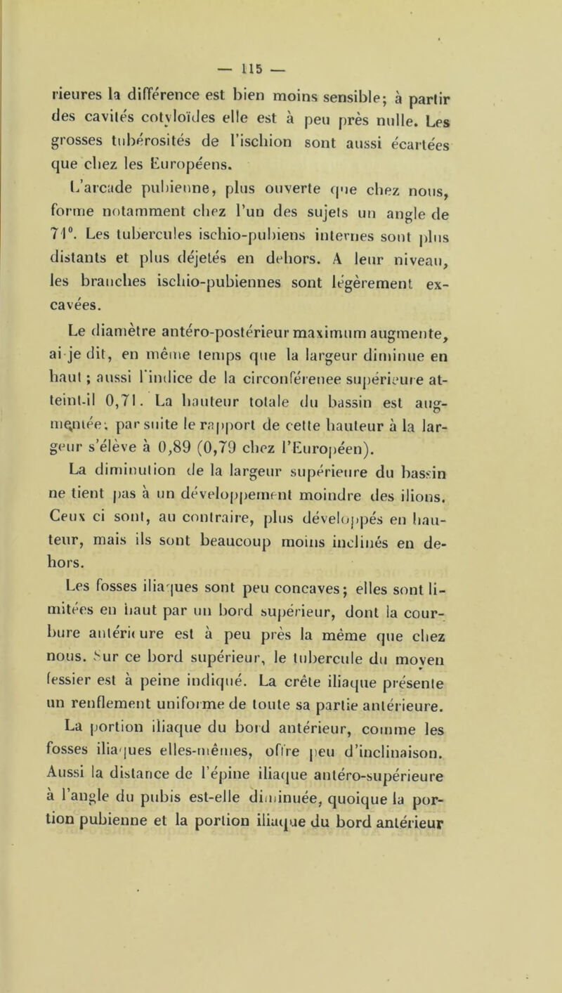 rieures la différence est bien moins sensible; à partir des cavités cotvloïdes elle est à peu près nulle. Les grosses tubérosités de l'ischion sont aussi écartées que chez les Européens. L’arcade pubienne, plus ouverte que chez nous, forme notamment chez l’un des sujets un angle de 71°. Les tubercules ischio-pubiens internes sont plus distants et plus déjetés en dehors. A leur niveau, les branches ischio-pubiennes sont légèrement ex- cavées. Le diamètre antéro-postérieur maximum augmente, ai je dit, en même temps que la largeur diminue en haut ; aussi I indice de la circonférence supérieure at- teint-il 0,71. La hauteur totale du bassin est amr- montée; par suite le rapport de cette hauteur à la lar- geur s’élève à 0,89 (0,79 chez l’Européen). La diminution de la largeur supérieure du bassin ne lient pas à un développement moindre des ilions. Ceux ci sont, au contraire, plus développés en hau- teur, mais ils sont beaucoup moins inclinés en de- hors. Les fosses iliaques sont peu concaves; elles sont li- mitées en haut par un bord supérieur, dont la cour- bure anlérii ure est à peu près la même que chez nous, .‘'ur ce bord supérieur, le tubercule du moyen fessier est à peine indiqué. La crête iliaque présente un renflement uniforme de toute sa partie antérieure. La portion iliaque du bord antérieur, comme les fosses iliaques elles-mêmes, offre peu d’inclinaison. Aussi la distance de l’épine iliaque antéro-supérieure à l’angle du pubis est-elle diminuée, quoique la por- tion pubienne et la portion iliaque du bord antérieur