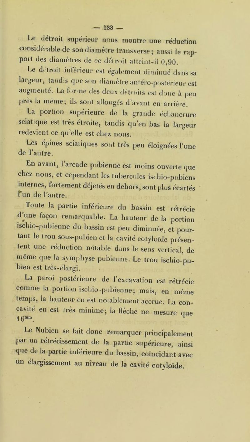 Le détroit supérieur nous montre une réduction considérable de son diamètre transverse; aussi le rap- port des diamètres de ce détroit atteint-il 0,90. Le détroit inférieur est également diminué dans sa laigeur, tandis que son diamètre antéro-postérieur est augmenté. La forme des deux détroits est donc à peu près la même; ils sont allongés d avant en arrière. La portion supérieure de la grande échancrure sciatique est très étroite, tandis qu’en bas la largeur redevient ce qu elle est chez nous. Les épines sciatiques sont très peu éloignées l’une de l’autre. En avant, 1 arcade pubienne est moins ouverte que chez nous, et cependant les tubercules ischio-pubiens internes, fortement déjetés en dehors, sont plus écartés Lun de l’autre. t Toule ,a Partie inférieure du bassin est rétrécie d une façon remarquable. La hauteur de la portion ischio-pubienne du bassin est peu diminuée, et pour- tant le trou sous-pubien et la cavité cotyloïde présen- tent une réduction notable dans le sens vertical, de même (pie la symphyse pubienne. Le trou ischio-pu- blen est très-élargi. La paroi postérieure de l’excavation est rétrécie comme la portion ischio-pubienne; mais, en même temps, la hauteur en est notablement accrue. La con- cavité en est très minime; la flèche ne mesure que 16mm. Le Nubien se fait donc remarquer principalement par un rétrécissement de la partie supérieure, ainsi que de la partie inférieure du bassin, coïncidant avec un élargissement au niveau de la cavité cotyloïde.