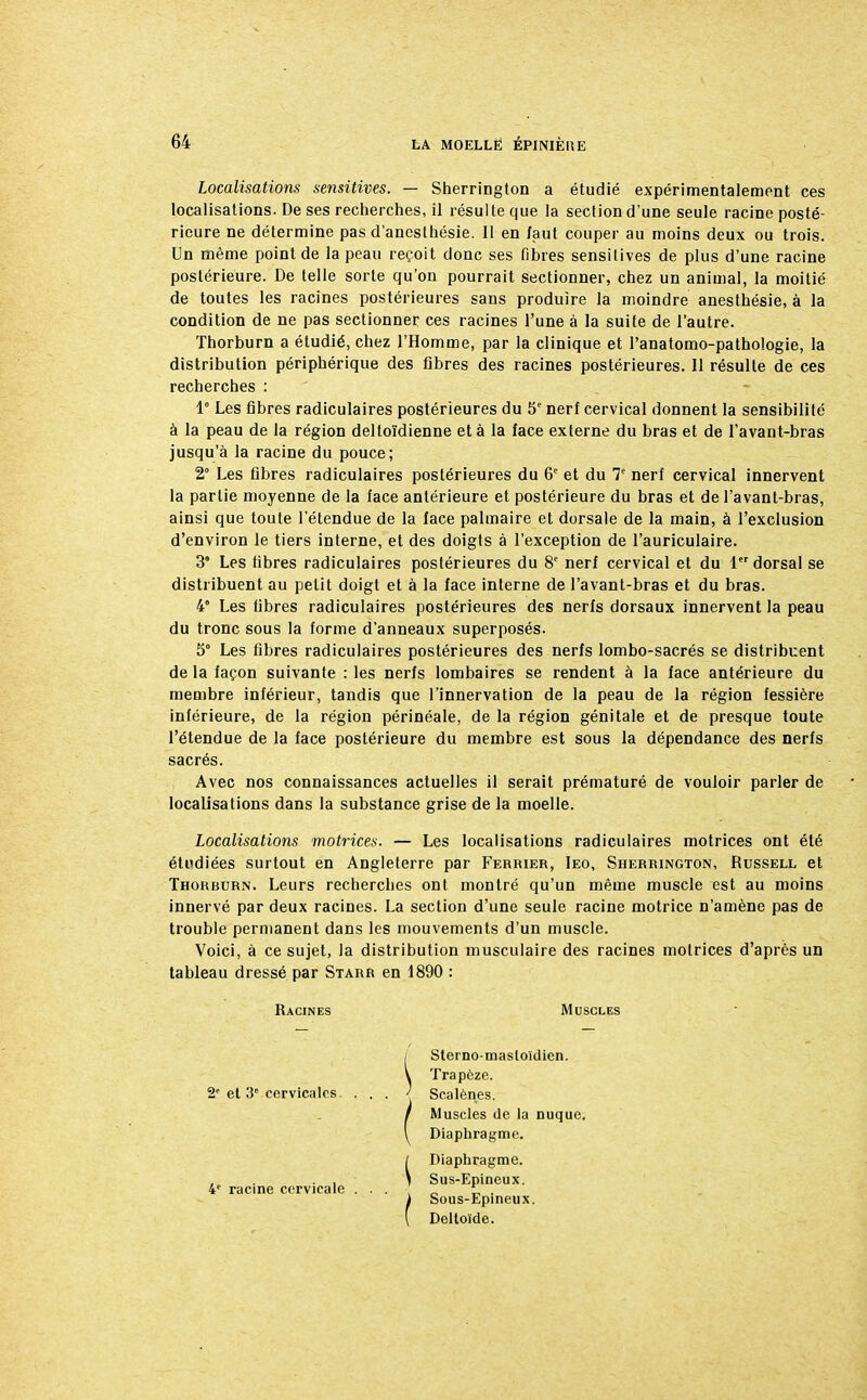 Localisations sensitives. — Sherrington a étudié expérimentalement ces localisations. De ses recherches, il résulte que la section d'une seule racine posté- rieure ne détermine pas d'ancsthésie. Il en faut couper au moins deux ou trois. Un même point de la peau reçoit donc ses fibres sensitives de plus d'une racine postérieure. De telle sorte qu'on pourrait sectionner, chez un animal, la moitié de toutes les racines postérieures sans produire la moindre anesthésie, à la condition de ne pas sectionner ces racines l'une à la suite de l'autre. Thorburn a étudié, chez l'Homme, par la clinique et l'anatomo-pathologie, la distribution périphérique des fibres des racines postérieures. Il résulte de ces recherches : 1° Les fibres radiculaires postérieures du 5e nerf cervical donnent la sensibilité à la peau de la région deltoïdienne et à la face externe du bras et de l'avant-bras jusqu'à la racine du pouce; 2° Les fibres radiculaires postérieures du 6e et du T nerf cervical innervent la partie moyenne de la face antérieure et postérieure du bras et de l'avant-bras, ainsi que toute l'étendue de la face palmaire et dorsale de la main, à l'exclusion d'environ le tiers interne, et des doigts à l'exception de l'auriculaire. 3° Les libres radiculaires postérieures du 8e nerf cervical et du 1er dorsal se distribuent au petit doigt et à la face interne de l'avant-bras et du bras. 4° Les fibres radiculaires postérieures des nerfs dorsaux innervent la peau du tronc sous la forme d'anneaux superposés. 5° Les fibres radiculaires postérieures des nerfs lombo-sacrés se distribuent de la façon suivante : les nerfs lombaires se rendent à la face antérieure du membre inférieur, tandis que l'innervation de la peau de la région fessière inférieure, de la région périnéale, de la région génitale et de presque toute l'étendue de la face postérieure du membre est sous la dépendance des nerfs sacrés. Avec nos connaissances actuelles il serait prématuré de vouloir parler de localisations dans la substance grise de la moelle. Localisations motrices. — Les localisations radiculaires motrices ont été étudiées surtout en Angleterre par Ferrier, Ieo, Sherrington, Russell et Thorburn. Leurs recherches ont montré qu'un même muscle est au moins innervé par deux racines. La section d'une seule racine motrice n'amène pas de trouble permanent dans les mouvements d'un muscle. Voici, à ce sujet, la distribution musculaire des racines motrices d'après un tableau dressé par Starr en 1890 : Racines Muscles Sterno-mastoïdien. Trapèze. Scalènes. Muscles de la nuque, Diaphragme. Diaphragme. Sus-Epineux. Sous-Epineux. Deltoïde. 2' el 3e cervicales 4e racine cervicale