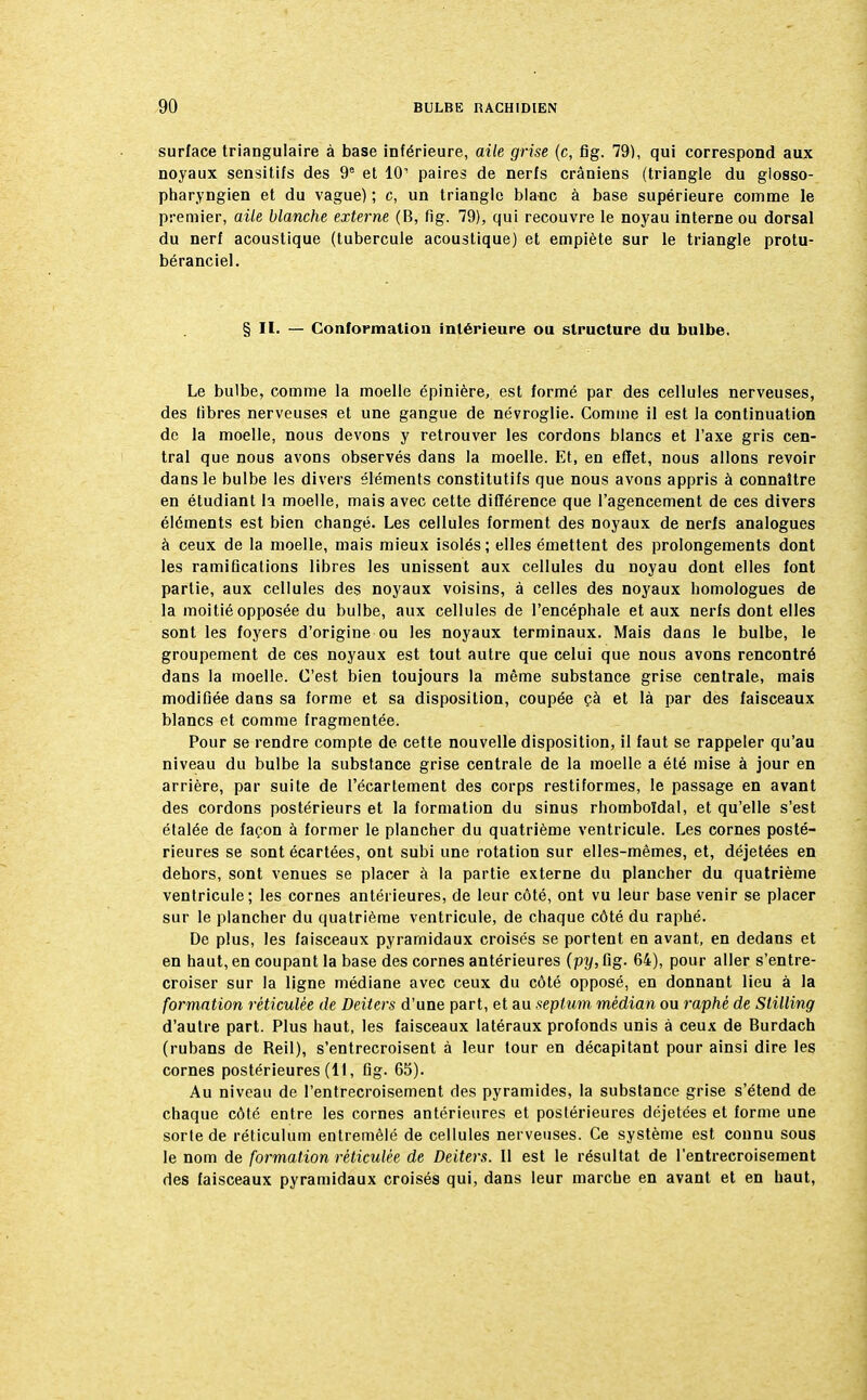 surface triangulaire à base inférieure, aile grise (c, fig. 79), qui correspond aux noyaux sensitifs des 9e et 10' paires de nerfs crâniens (triangle du glosso- pharyngien et du vague) ; c, un triangle blanc à base supérieure comme le premier, aile blanche externe (B, fig. 79), qui recouvre le noyau interne ou dorsal du nerf acoustique (tubercule acoustique) et empiète sur le triangle protu- béranciel. § II. — Conformation intérieure ou structure du bulbe. Le bulbe, comme la moelle épinière, est formé par des cellules nerveuses, des libres nerveuses et une gangue de névroglie. Comme il est la continuation de la moelle, nous devons y retrouver les cordons blancs et l'axe gris cen- tral que nous avons observés dans la moelle. Et, en effet, nous allons revoir dans le bulbe les divers éléments constitutifs que nous avons appris à connaître en étudiant la moelle, mais avec cette différence que l'agencement de ces divers éléments est bien changé. Les cellules forment des noyaux de nerfs analogues à ceux de la moelle, mais mieux isolés; elles émettent des prolongements dont les ramifications libres les unissent aux cellules du noyau dont elles font partie, aux cellules des noyaux voisins, à celles des noyaux homologues de la moitié opposée du bulbe, aux cellules de l'encéphale et aux nerfs dont elles sont les foyers d'origine ou les noyaux terminaux. Mais dans le bulbe, le groupement de ces noyaux est tout autre que celui que nous avons rencontré dans la moelle. C'est bien toujours la même substance grise centrale, mais modifiée dans sa forme et sa disposition, coupée çà et là par des faisceaux blancs et comme fragmentée. Pour se rendre compte de cette nouvelle disposition, il faut se rappeler qu'au niveau du bulbe la substance grise centrale de la moelle a été mise à jour en arrière, par suite de l'écartement des corps restiformes, le passage en avant des cordons postérieurs et la formation du sinus rhomboïdal, et qu'elle s'est étalée de façon à former le plancher du quatrième ventricule. Les cornes posté- rieures se sont écartées, ont subi une rotation sur elles-mêmes, et, déjetées en dehors, sont venues se placer à la partie externe du plancher du quatrième ventricule; les cornes antérieures, de leur côté, ont vu leur base venir se placer sur le plancher du quatrième ventricule, de chaque côté du raphé. De plus, les faisceaux pyramidaux croisés se portent en avant, en dedans et en haut, en coupant la base des cornes antérieures (py, fig. 64), pour aller s'entre- croiser sur la ligne médiane avec ceux du côté opposé, en donnant lieu à la formation réticulée de Deiters d'une part, et au septum médian ou raphé de Stilling d'autre part. Plus haut, les faisceaux latéraux profonds unis à ceux de Burdach (rubans de Reil), s'entrecroisent à leur tour en décapitant pour ainsi dire les cornes postérieures (11, fig. 65). Au niveau de l'entrecroisement des pyramides, la substance grise s'étend de chaque côté entre les cornes antérieures et postérieures déjetées et forme une sorte de réticulum entremêlé de cellules nerveuses. Ce système est connu sous le nom de formation réticulée de Deiters. Il est le résultat de l'entrecroisement des faisceaux pyramidaux croisés qui, dans leur marche en avant et en haut,