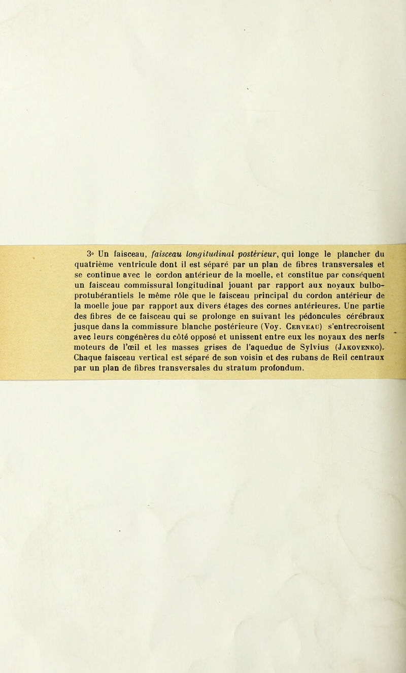 3° Un faisceau, faisceau longitudinal postérieur, qui longe le plancher du quatrième ventricule dont il est séparé par un plan de fibres transversales et se continue avec le cordon antérieur de la moelle, et constitue par conséquent un faisceau commissural longitudinal jouant par rapport aux noyaux bulbo- protubérantiels le même rôle que le faisceau principal du cordon antérieur de la moelle joue par rapport aux divers étages des cornes antérieures. Une partie des fibres de ce faisceau qui se prolonge en suivant les pédoncules cérébraux jusque dans la commissure blanche postérieure (Voy. Cerveau) s'entrecroisent avec leurs congénères du côté opposé et unissent entre eux les noyaux des nerfs moteurs de l'oeil et les masses grises de l'aqueduc de Sylvius (Jakovenko). Chaque faisceau vertical est séparé de son voisin et des rubans de Reil centraux par un plan de fibres transversales du stratum profondum.