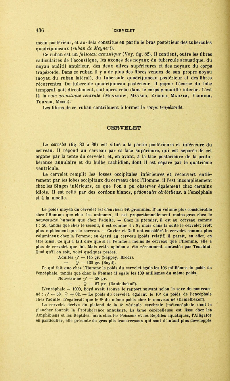 meau postérieur, et au-delà constitue en partie le bras postérieur des tubercules quadrijumeaux (ruban de Meynert). Ce ruban est un faisceau acoustique (Voy. Cg. 82). Il contient, outre les fibres radiculaires de l'acoustique, les axones des noyaux du tubercule acoustique, du noyau auditif antérieur, des deux olives supérieures et des noyaux du corps trapézolde. Dans ce ruban il y a de plus des fibres venues de son propre noyau (noyau du ruban latéral), du tubercule quadrijumeau postérieur et des fibres récurrentes. Du tubercule quadrijumeau postérieur, il gagne l'écorce du lobe temporal, soit directement, soit après relai dans le corps genouillé interne. C'est là la voie acoustique centrale (Monakow, Mayser, Z^cher, Mahaim, Ferrier, TlJRNER, MOELl). Les fibres de ce ruban contribuent à former le corps trapèzoïde. CERVELET Le cervelet (fig. 83 à 86) est situé à la partie postérieure et inférieure du cerveau. Il répond au cerveau par sa face supérieure, qui est séparée de cet organe par la tente du cervelet, et, en avant, à la face postérieure de la protu- bérance annulaire et du bulbe rachidien, dont il est séparé par le quatrième ventricule. Le cervelet remplit les fosses occipitales inférieures et, recouvert entiè- rement par les lobes occipitaux du cerveau chez l'Homme, il l'est incomplètement chez les Singes inférieurs, ce que l'on a pu observer également chez certains idiots. Il est relié par des cordons blancs, pédoncules cérébelleux, à l'encéphale et à la moelle. Le poids moyen du cervelet est d'environ 140 grammes. D'un volume plus considérable chez l'Homme que chez les animaux, il est proportionnellement moins gros chez le nouveau-né humain que chez l'adulte. — Chez le premier, il est au cerveau comme 1 : 20, tandis que chez le second, il est comme 1:8; mais dans la suite le cervelet croit plus rapidement que le cerveau. — Cuvier et Gall ont considéré le cervelet comme plus volumineux chez la Femme; eu égard au cerveau (poids relatif) il parait, en efiet, en être ainsi. Ce qui a fait dire que si la Femme a moins de cerveau que l'Homme, elle a plus de cervelet que lui. Mais cette opinion a été récemment contestée par Tenchini. Quoi qu'il en soit, voici quelques pesées. Adultes cf — 145 gr. (Sappey, Broca). — Ç — 130 gr. (Boyd). Ce qui fait que chez l'Homme le poids du cervelet égale les 105 millièmes du poids de l'encéphale, tandis que chez la Femme il égale les 109 millièmes du même poids. Nouveau-né çf — 28 gr. — . 9 — 27 gr. (Danielbekofl). L'encéphale = 1000, Boyd avait trouvé le rapport suivant selon le sexe du nouveau- né : cf = 58; 9 = 62. — Le poids du cervelet, égalant le 10' du poids de l'encéphale chez l'adulte, n'égalerait que le 8e du même poids chez le nouveau-né (Danielbekofl). Le cervelet dérive du plafond de la 4e vésicule cérébrale (métencéphale) dont le plancher fournit la Protubérance annulaire. La lame cérébelleuse est lisse chez lei Amphlbiens et les Reptiles, mais chez les Poissons et les Reptiles aquatiques, l'Alligator en particulier, elle présente de gros plis transversaux qui sont d'autant plus développés