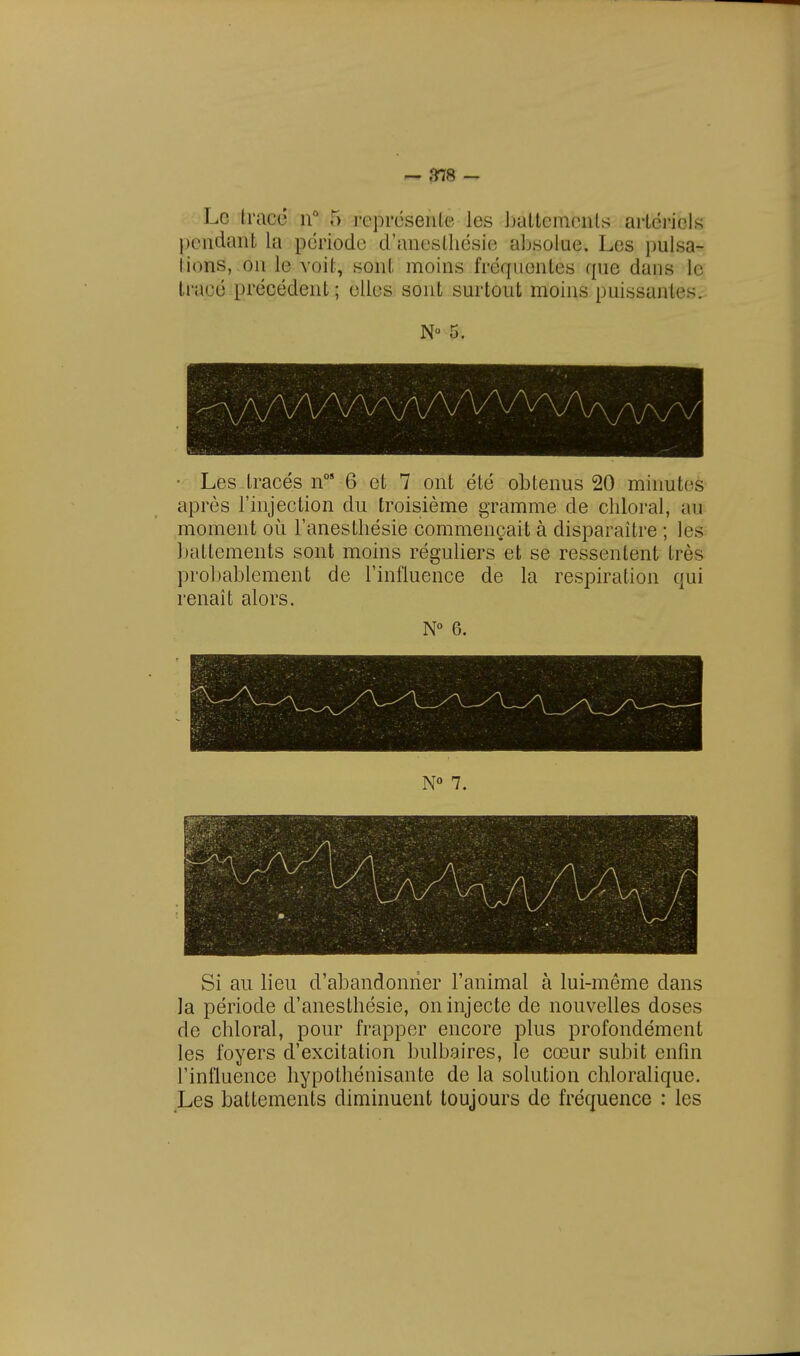 Le trace n° 5 représente les battemcnls artériels pendant la période d'aneslhésie absolue. Les puisa- lions, on le voit, sont moins fréquentés que dans le tracé précédent ; elles sont surtout moins puissantes. N° 5. • Les tracés nos 6 et 7 ont été obtenus 20 minutes après l'injection du troisième gramme de chloral, m moment où l'anesthésie commençait à disparaître ; lés battements sont moins réguliers et se ressentent très probablement de l'influence de la respiration qui renaît alors. N° 6. Si au lieu d'abandonner l'animal à lui-même dans la période d'anestbésie, on injecte de nouvelles doses de chloral, pour frapper encore plus profondément les foyers d'excitation bulbaires, le cœur subit enfin l'influence hypothénisante de la solution chloralique. Les battements diminuent toujours de fréquence : les