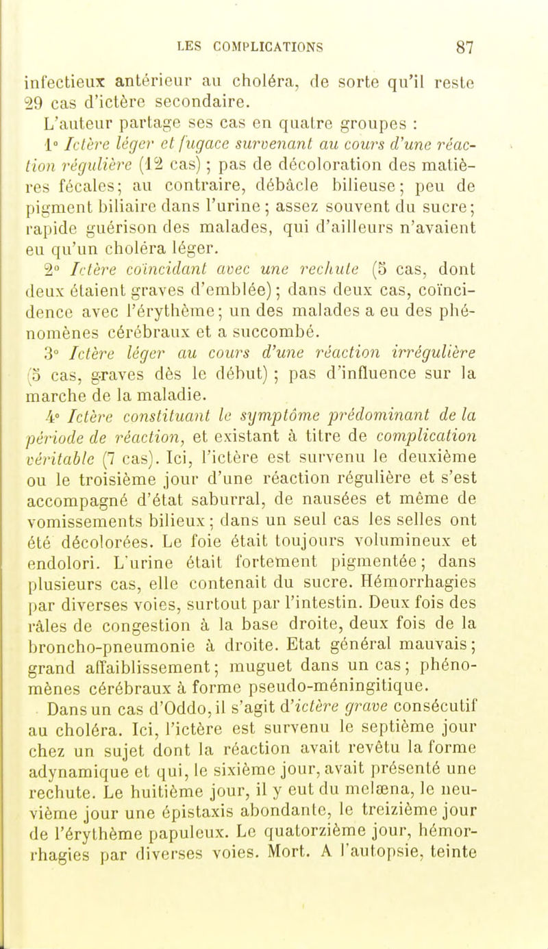 infectieux antérieur au choléra, de sorte qu'il reste 29 cas d'ictère secondaire. L'auteur partage ses cas en quatre groupes : 1° Ictère léger et fugace suroencmt au cours d'une réac- tion régulière (12 cas) ; pas de décoloration des matiè- res fécales ; au contraire, débâcle bilieuse ; peu de pigment biliaire dans l'urine; assez souvent du sucre; rapide guérison des malades, qui d'ailleurs n'avaient eu qu'un choléra léger. 2 Ictère coïncidant avec une rechute (5 cas, dont deux étaient graves d'emblée) ; dans deux cas, coïnci- dence avec l'érythème; un des malades a eu des phé- nomènes cérébraux et a succombé. 3° Ictère léger au cours d'une réaction irrégulière (o cas, graves dès le début) ; pas d'influence sur la marche de la maladie. 4° Ictère constituant le symptôme prédominant de la période de réaction, et existant à titre de complication véritable (7 cas). Ici, l'ictère est survenu le deuxième ou le troisième jour d'une réaction régulière et s'est accompagné d'état saburral, de nausées et même de vomissements bilieux ; dans un seul cas les selles ont été décolorées. Le foie était toujours volumineux et endolori. Lurine était fortement pigmentée ; dans plusieurs cas, elle contenait du sucre. Hémorrhagies par diverses voies, surtout par l'intestin. Deux fois des râles de congestion à la base droite, deux fois de la broncho-pneumonie à droite. Etat général mauvais ; grand anaiblissement ; muguet dans un cas ; phéno- mènes cérébraux à forme pseudo-méningitique. Dans un cas d'Oddo,il s'agit d'ictère grave consécutif au choléra. Ici, l'ictère est survenu le septième jour chez un sujet dont la réaction avait revêtu la forme adynamique et qui, le sixième jour, avait présenté une rechute. Le huitième jour, il y eut du mclœna, le neu- vième jour une épistaxis abondante, le treizième jour de l'érythème papulcux. Le quatorzième jour, hémor- rhagies par diverses voies. Mort. A l'autopsie, teinte