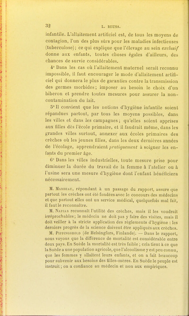 infantile. L'allaitement artificiel est, de tous les moyens de contagion, l'un des plus sûrs pour les maladies infectieuses (tuberculose) ; ce qui explique que l'élevage au sein exclusif donne aux enfants, toutes choses égales d'ailleurs, des chances de survie considérables. 4° Dans les cas où l'allaitement maternel serait reconnu impossible, il faut encourager le mode d'allaitement artifi- ciel qui donnera le plus de garanties contre la transmission des germes morbides; imposer au besoin le choix d'un biberon et prendre toutes mesures pour assurer la non- contamination du lait. 5° Il convient que les notions d'hygiène infantile soient répandues partout, par tous les moyens possibles, dans les villes et dans les campagnes ; qu'elles soient apprises aux filles dès l'école primaire, et il faudrait même, dans les grandes villes surtout, annexer aux écoles primaires des crèches où les jeunes filles, dans les deux dernières années de l'écolage, apprendraient pratiquement à soigner les en- fants du premier âge. 6° Dans les villes industrielles, toute mesure prise pour diminuer la durée du travail de la femme à l'atelier ou à l'usine sera une mesure d'hygiène dont l'enfant bénéficiera nécessairement. M. Marbeau, répondant à un passage du rapport, assure que partout les crèches ont été fondées avec le concours des médecins et que partout elles ont un service médical, quelquefois mal fait, il faut le reconnaître. M. Napias reconnaît l'utilité des crèches, mais il les voudrait irréprochables; le médecin ne doit pas y faire des visites, mais il doit veiller à la stricte application des règlements d'hygiène : les derniers progrès de la science doivent être appliqués aux crèches. M. Pir-piNGSHOLD (de Helsingfors, Finlande). — Dans le rapport, nous voyons que la différence de mortalité est considérable entre deux pays. En Suède la mortalité est très faible ; cela lient à ce que la Suède a une population agricole, que l'alcoolisme y est peu connu, que les femmes y allaitent leurs enfants, et on a fait beaucoup pour subvenir aux besoins des tilles-mères. En Suède le peuple est instruit; on a confiance au médecin el non aux empiriques.