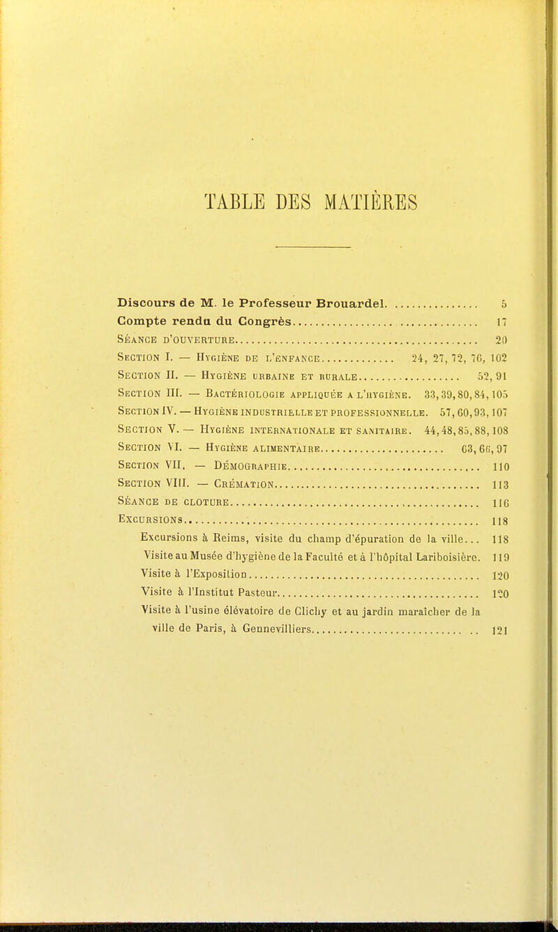 TABLE DES MATIÈRES Discours de M. le Professeur Brouardel 5 Compte rendu du Congrès 17 SÉANCE D'OUVERTURE 20 Section I. — Hygiène de l'enfance 24, 27, 72, 70, 102 Section II. — Hygiène urbaine et rurale 52,91 Section III. — Bactériologie appliquée a l'hygiène. 33,39,80,84,105 Section IV. — Hygiène industrielle et professionnelle. 57,00,93,107 Section V. — Hygiène internationale et sanitaire. 44,48,85,88,108 Section VI. — Hygiène alimentaire G3,6(.-, 97 Section VII. — Démographie 110 Section VIII. — Crémation 113 Séance de clôture 11G Excursions 118 Excursions à Reims, visite du champ d'épuration de la ville... 118 Visite au Musée d'hygiène de la Faculté et à l'hôpital Lariboisière. 119 Visite à l'Exposition 120 Visite à l'Institut Pasteur 120 Visite à l'usine élévatoire de Glichy et au jardin maraîcher de la ville de Paris, à Gennevilliers 121